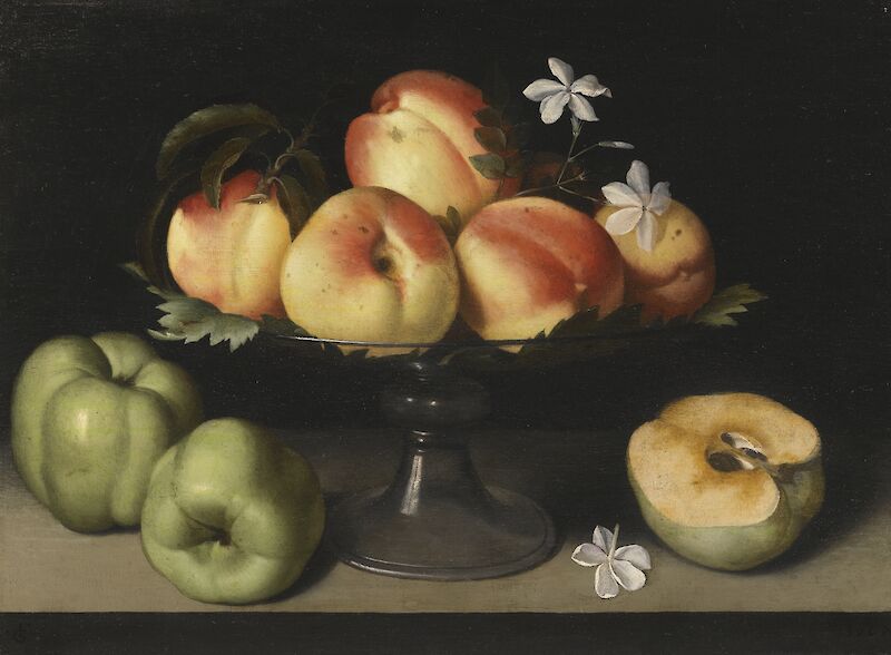 A Crystal Fruit Stand with Peaches, Quinces, and Jasmine scale comparison