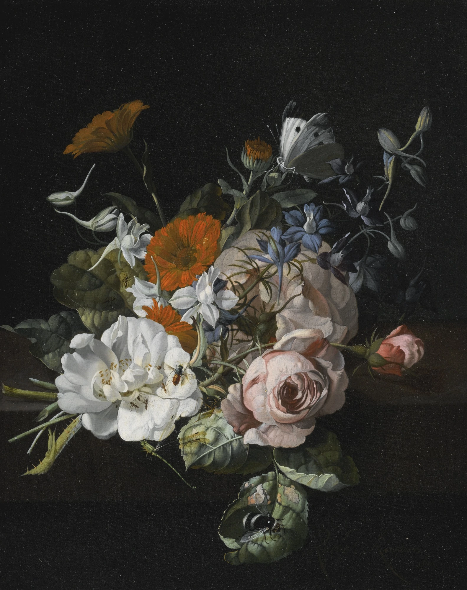 A Nosegay of Roses, Marigolds, Larkspur and a Bumblebee, Rachel Ruysch