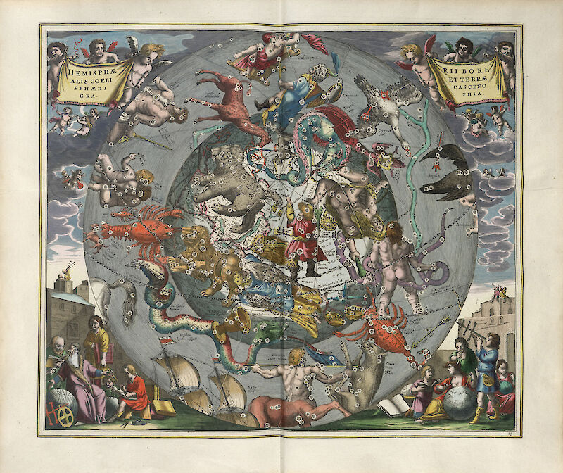 Harmonia Macrocosmica Plate 25 — Celestial and Terrestrial Hemispheres scale comparison