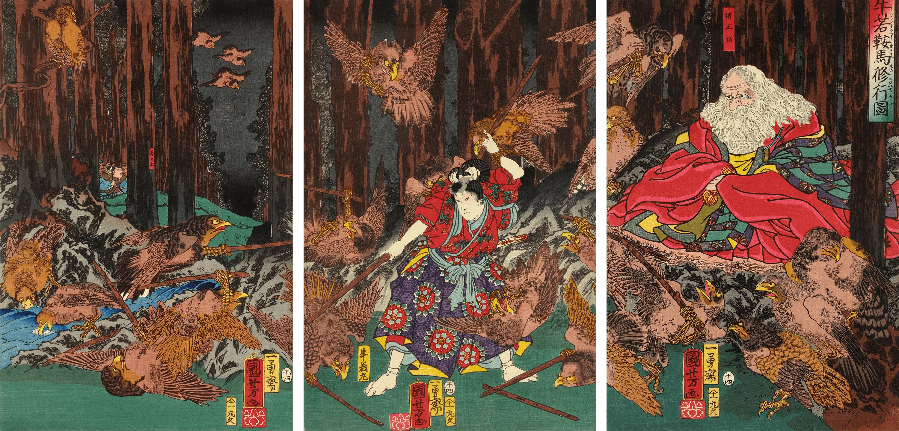 Prince Yoshitsune learning the art of swordsmanship, Utagawa Kuniyoshi