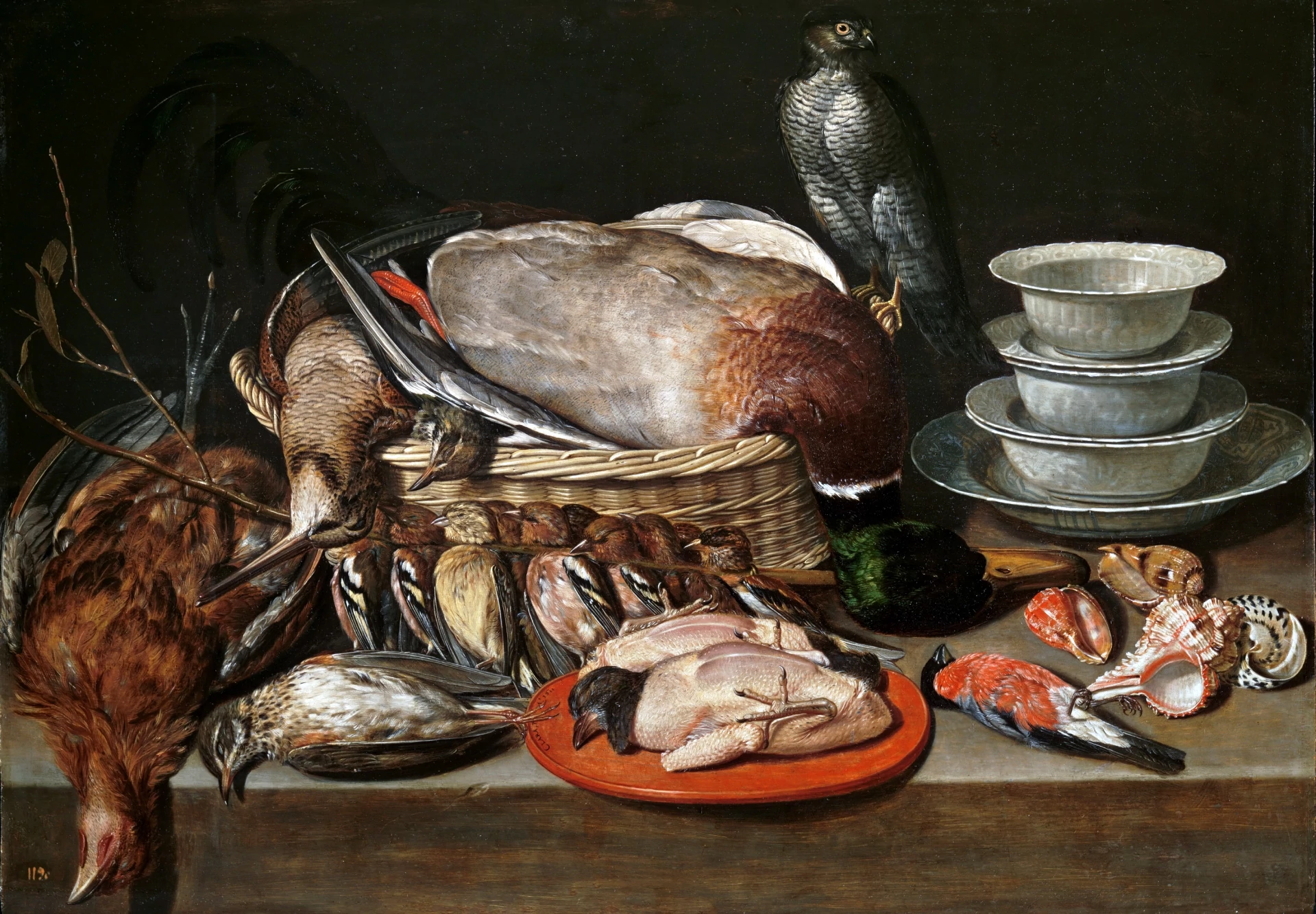 Still Life with Sparrow Hawk, Fowl, Porcelain and Shells, Clara Peeters