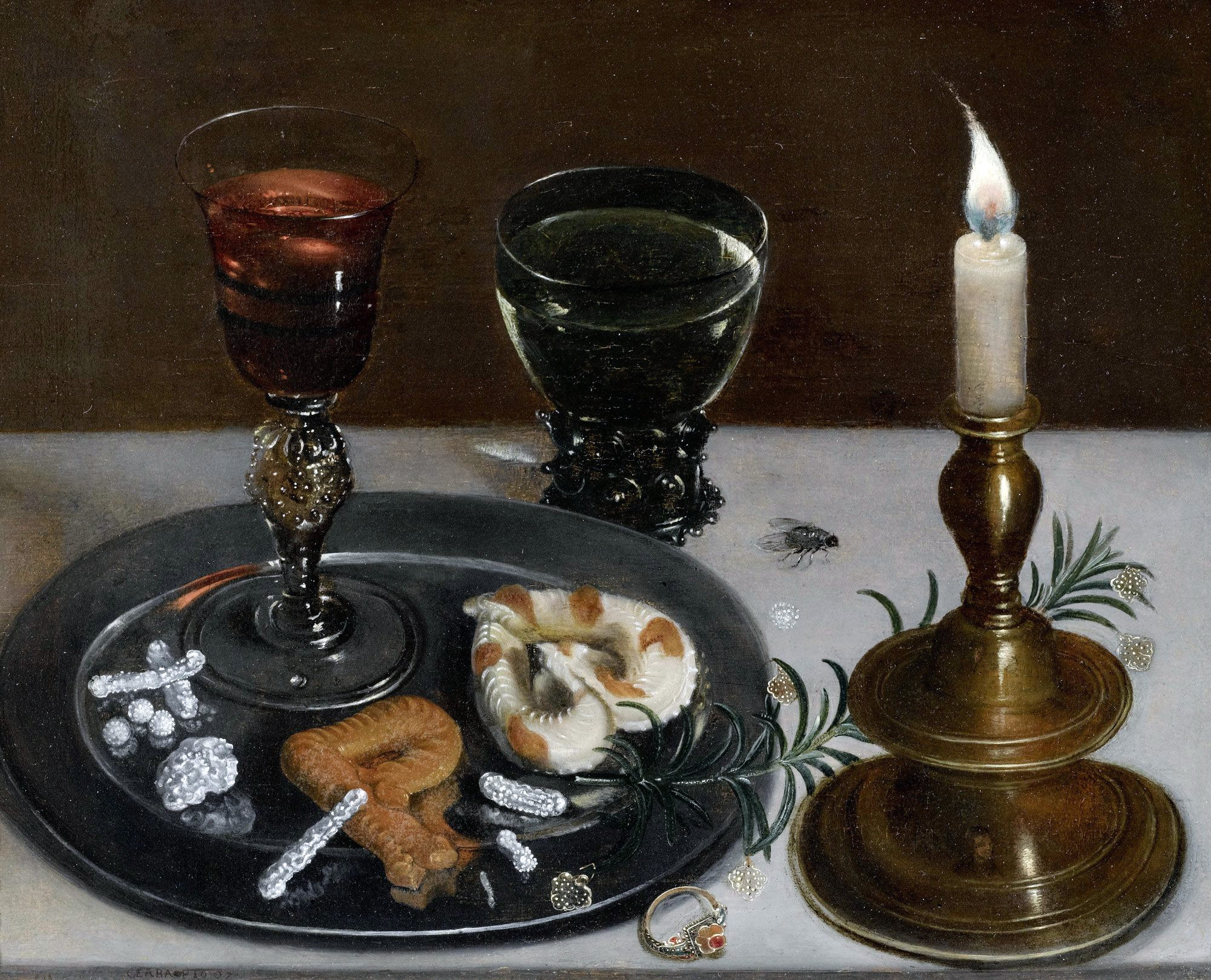 Still life with Venetian glass, Römer wine glass and a candle, zoomed in