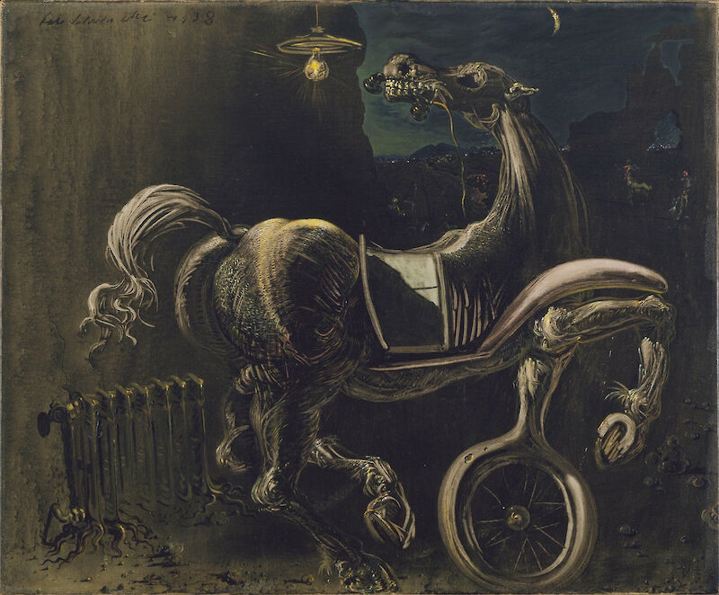 Debris of an Automobile Giving Birth to a Blind Horse Biting a Telephone scale comparison