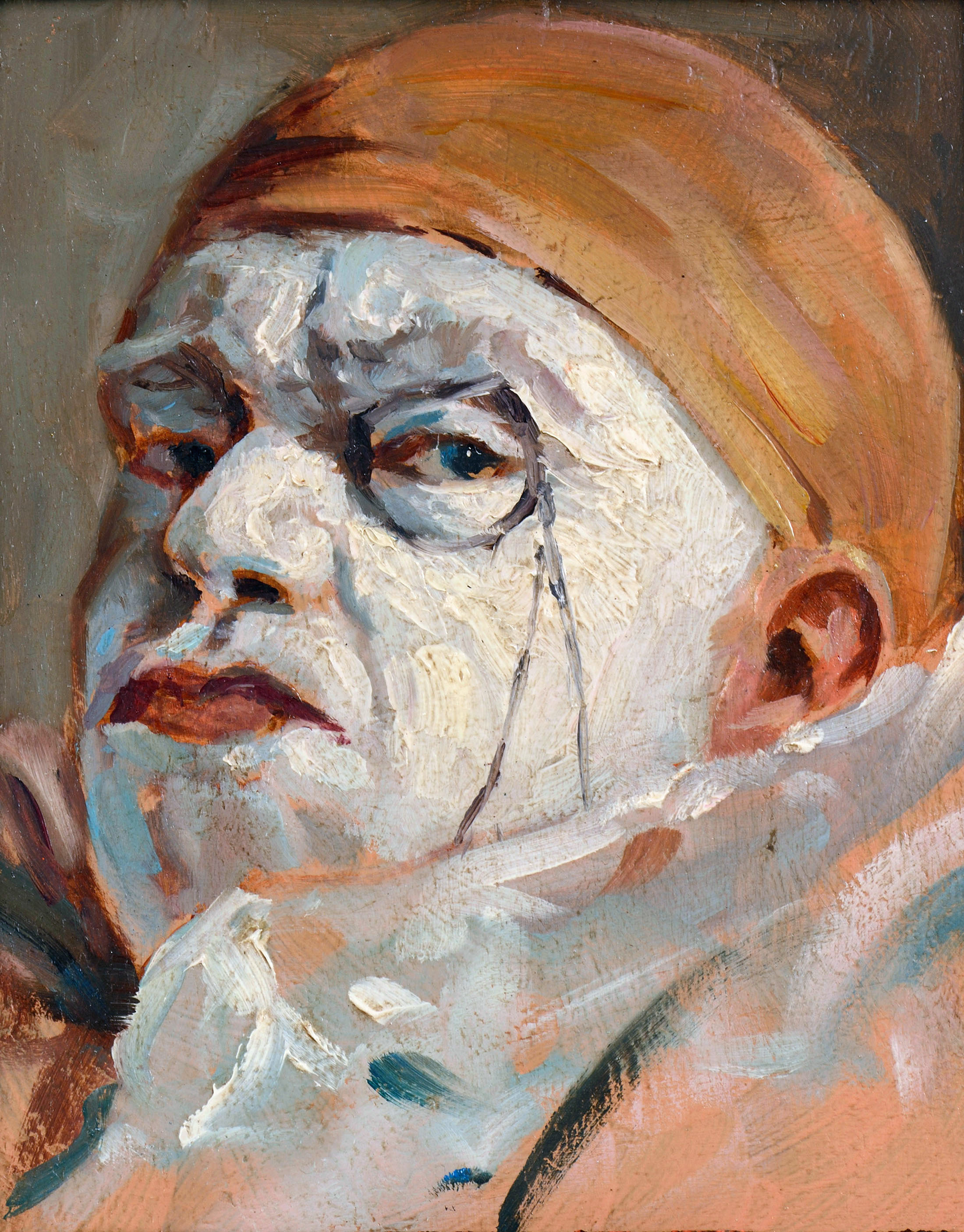 Clown in an Orange Cap and a Monocle, zoomed in