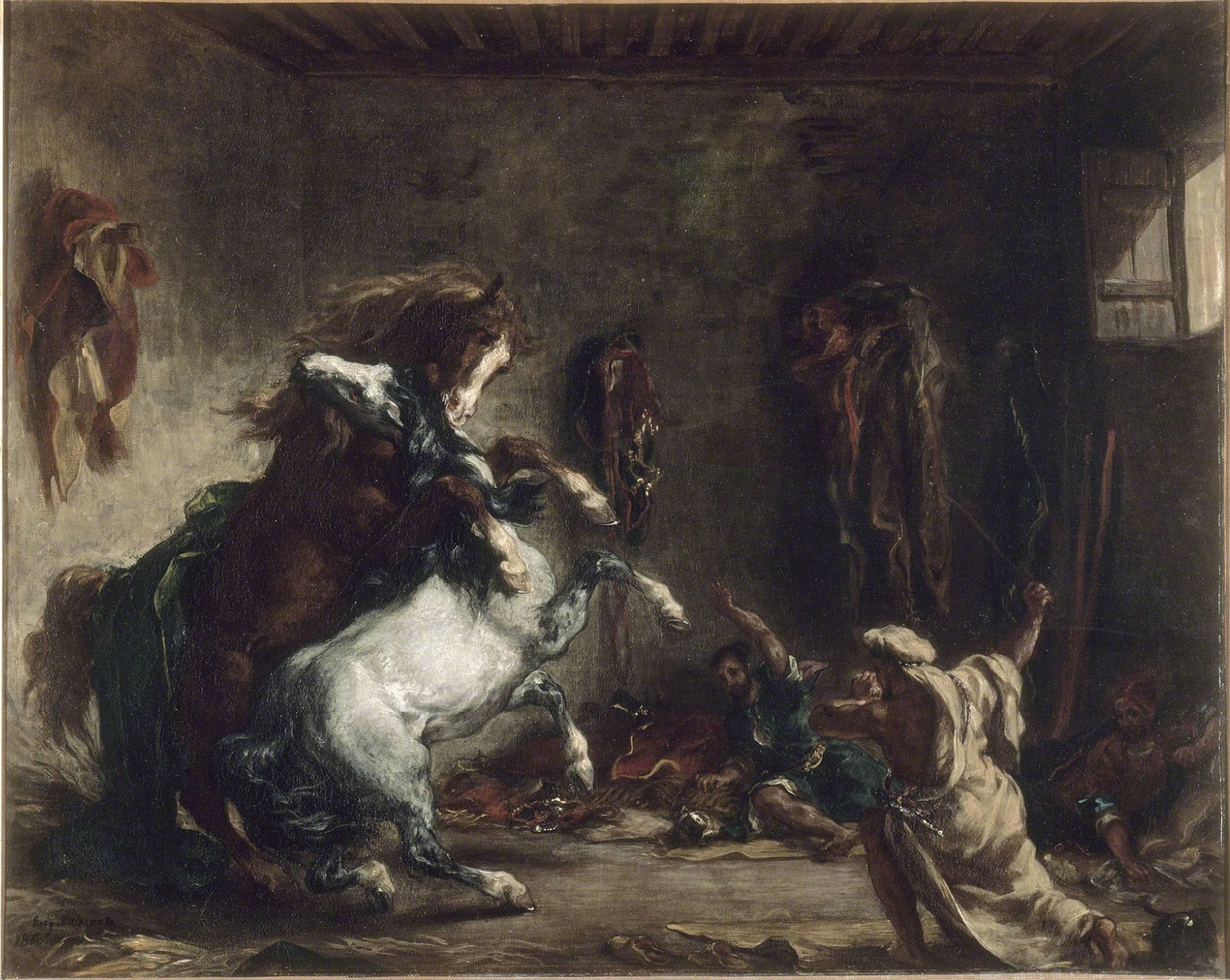 Arab Horses Fighting in a Stable, Eugène Delacroix