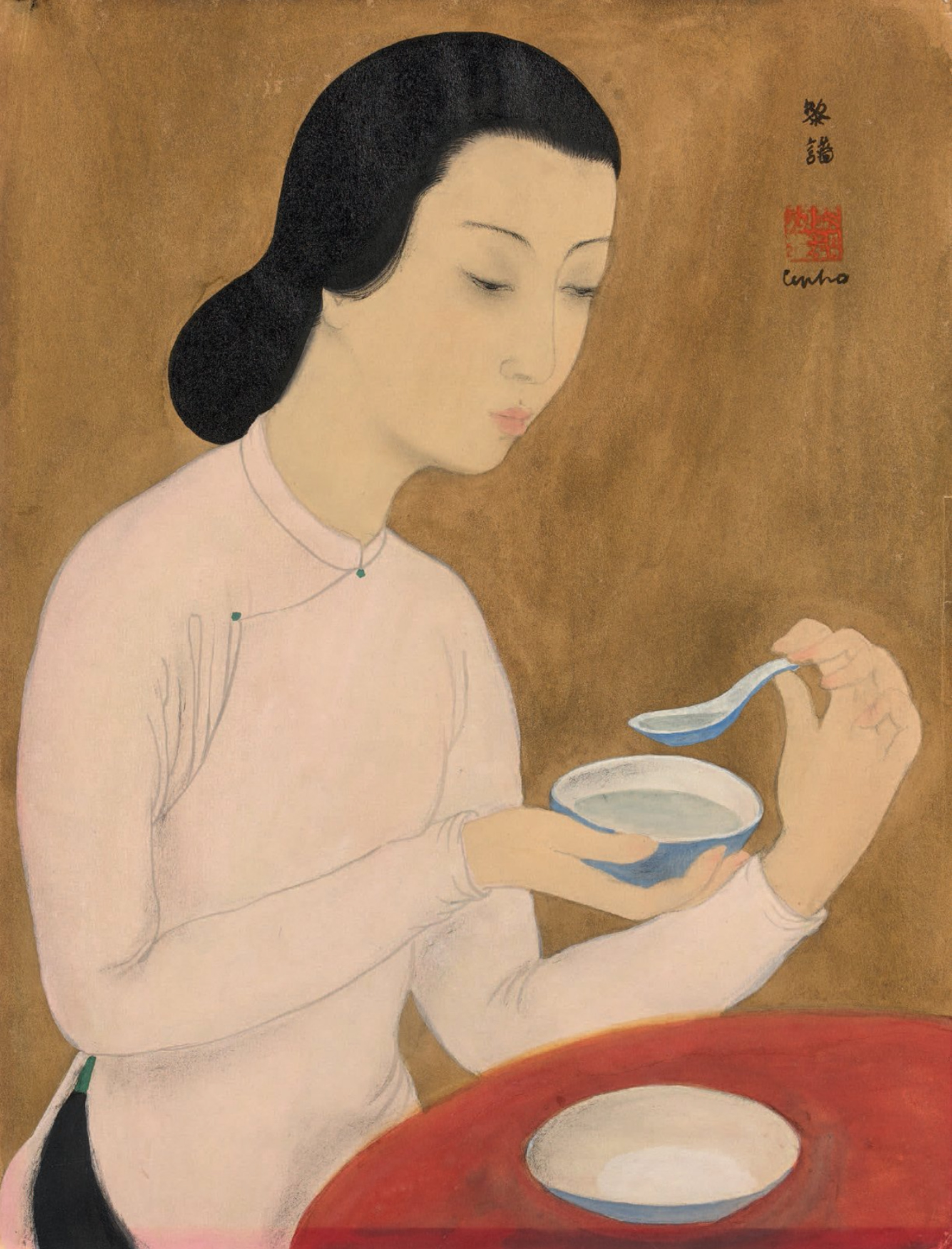 Woman with a blue bowl, zoomed in