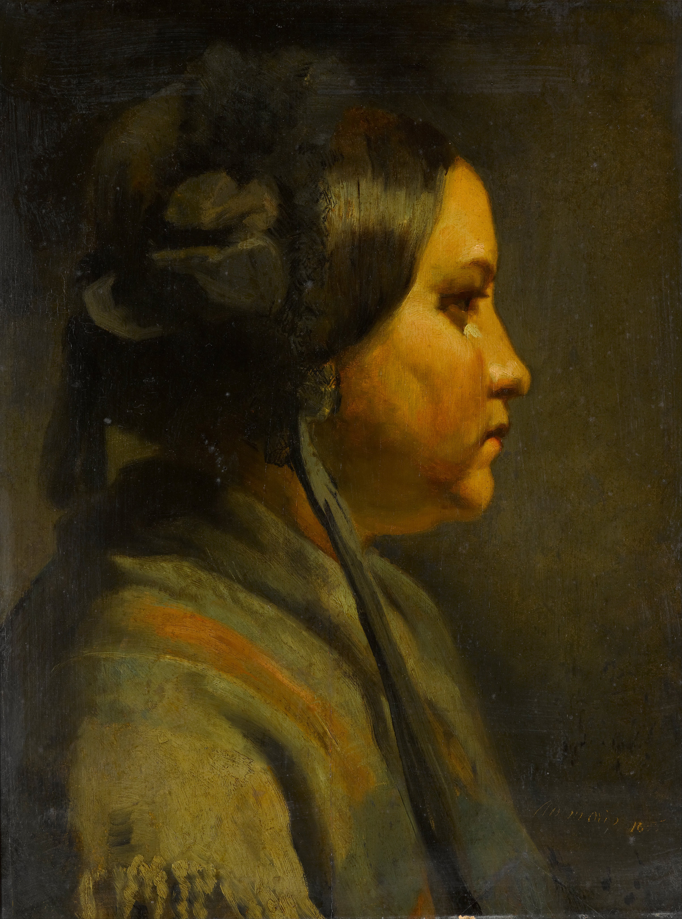 Study of the head of a young woman in profile, zoomed in