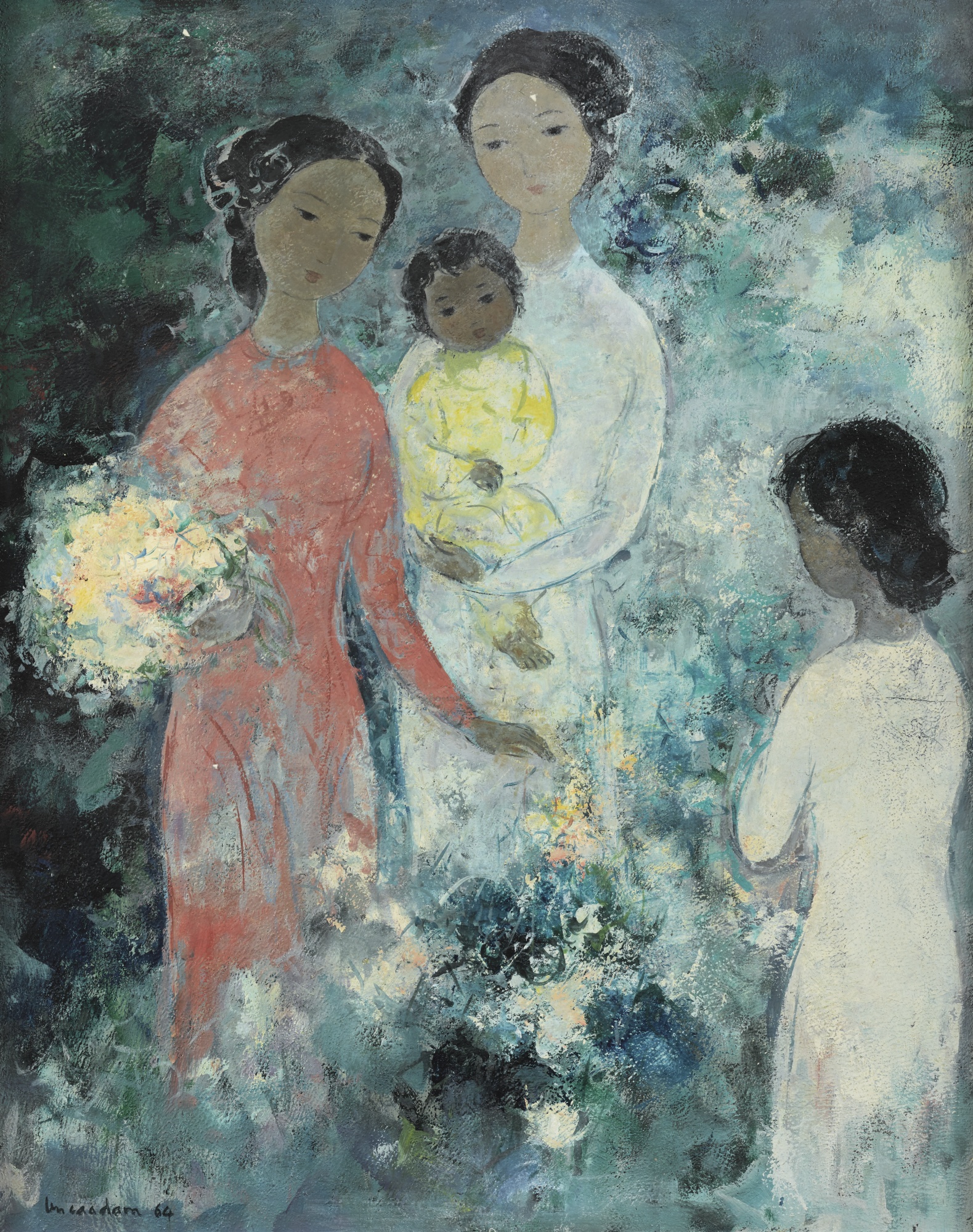 Three Young Women with a Baby, zoomed in