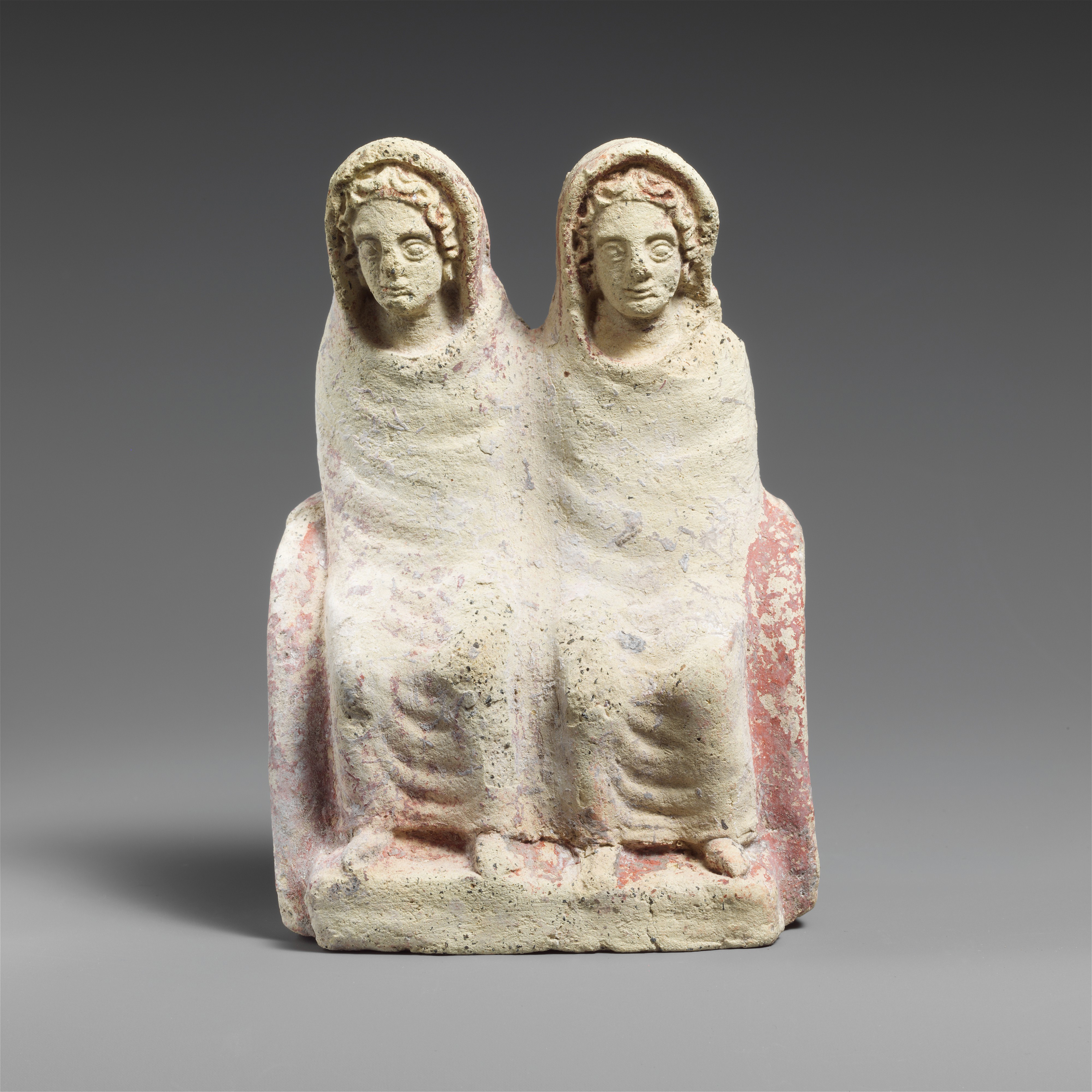 Terracotta Votive Statuette of Two Draped Females, zoomed in