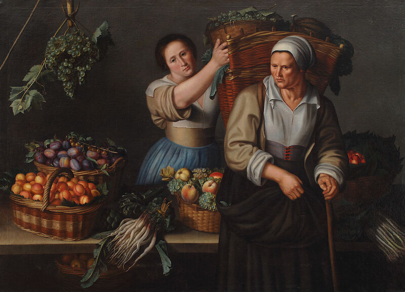 A Market Stall with a Young Woman Giving a Basket of Grapes to an Older Woman scale comparison