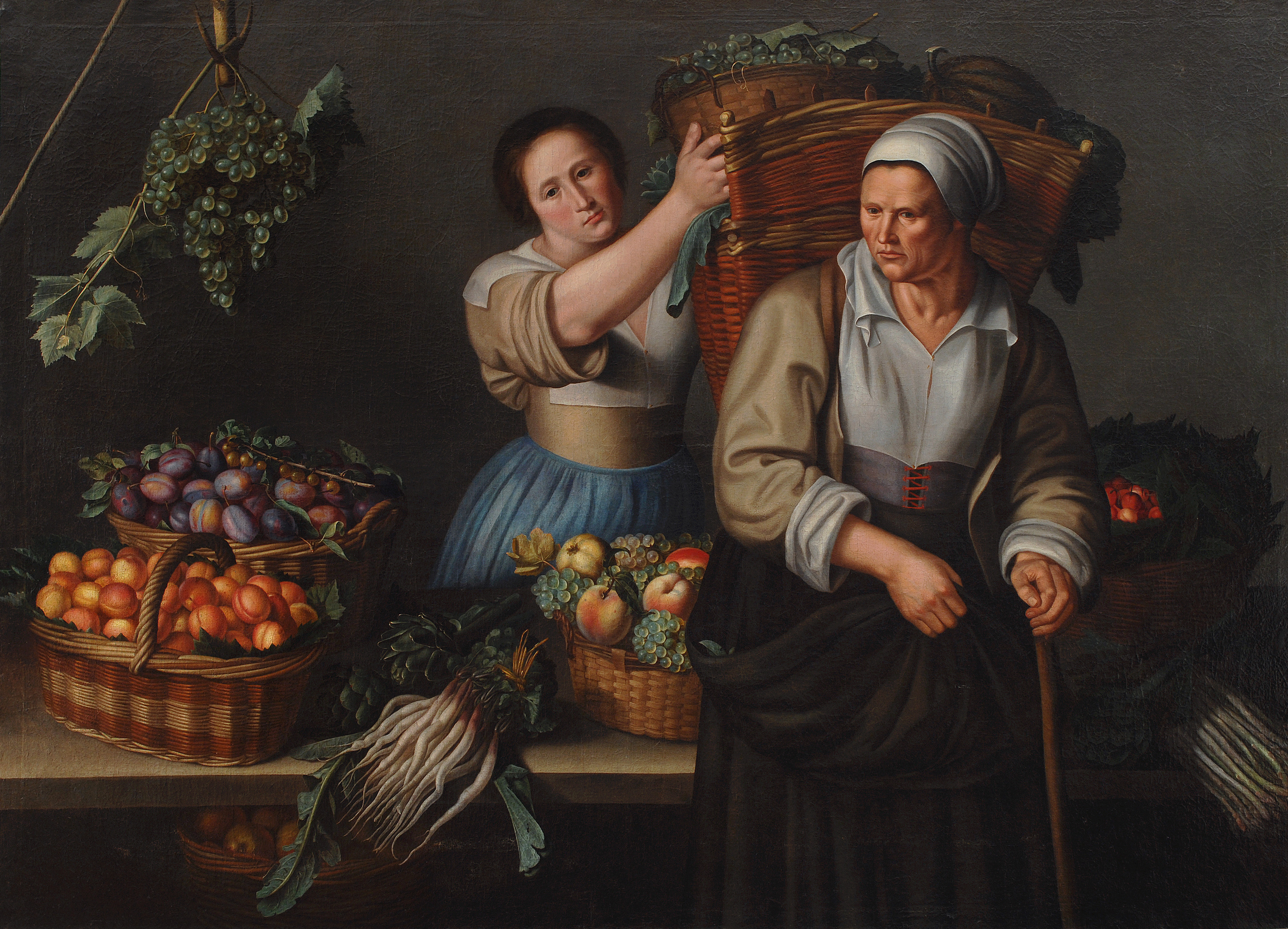 A Market Stall with a Young Woman Giving a Basket of Grapes to an Older Woman, zoomed in