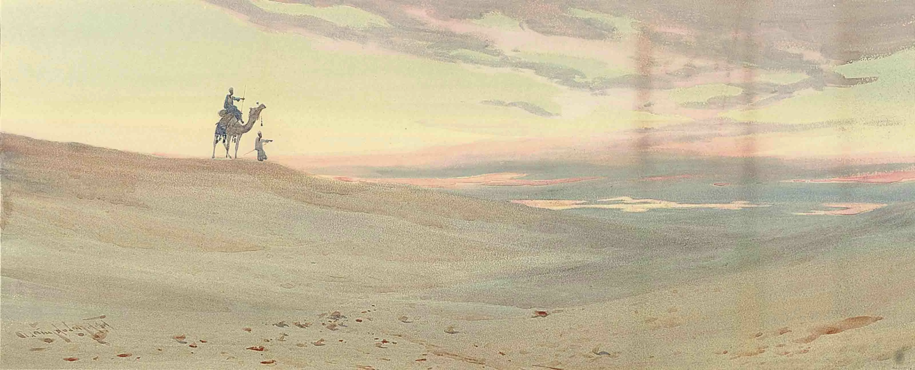 Arabs in the desert at dusk; and A felucca on the Nile, Augustus Osborne Lamplough