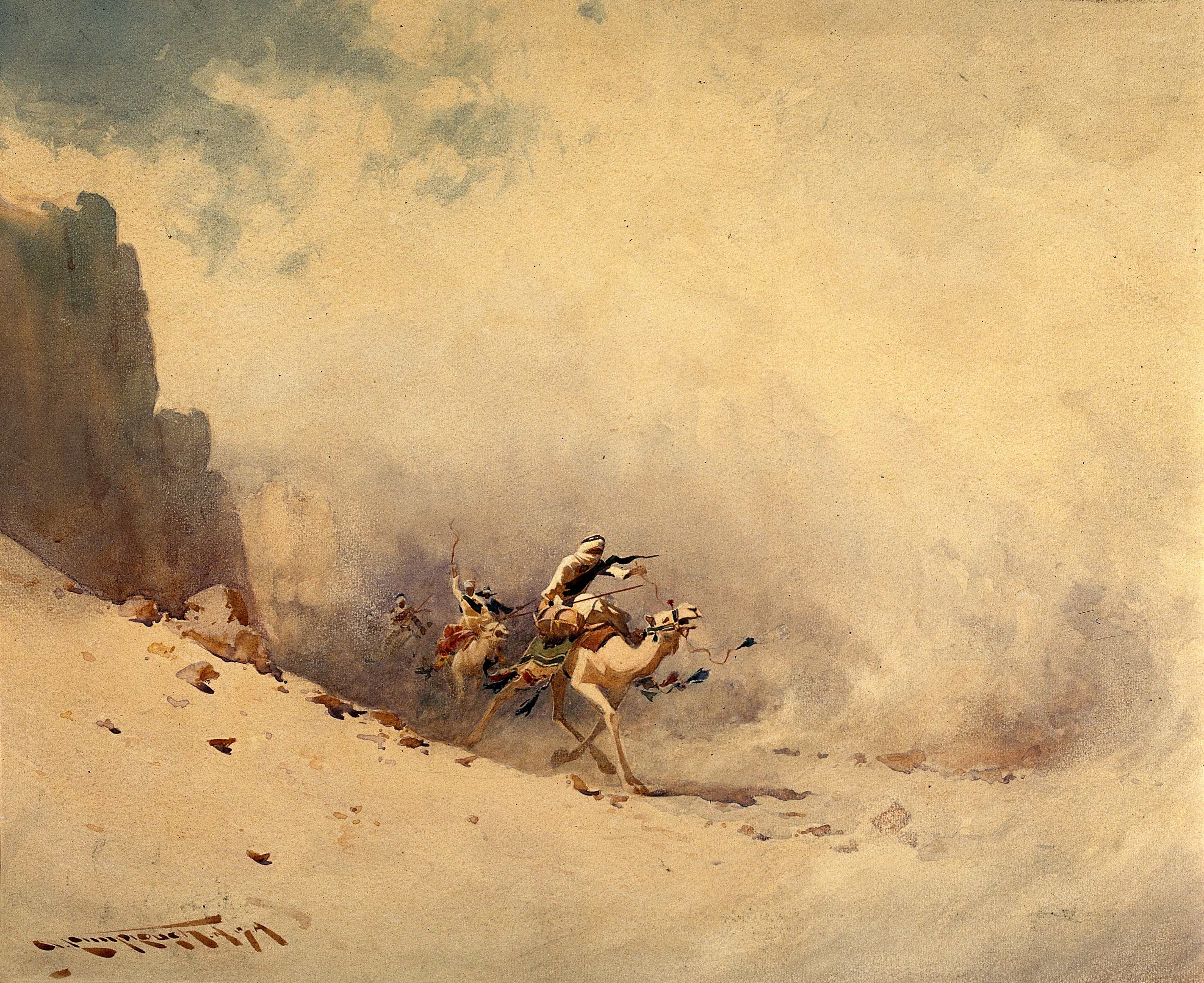 Man riding a camel in the desert during a sand storm, zoomed in