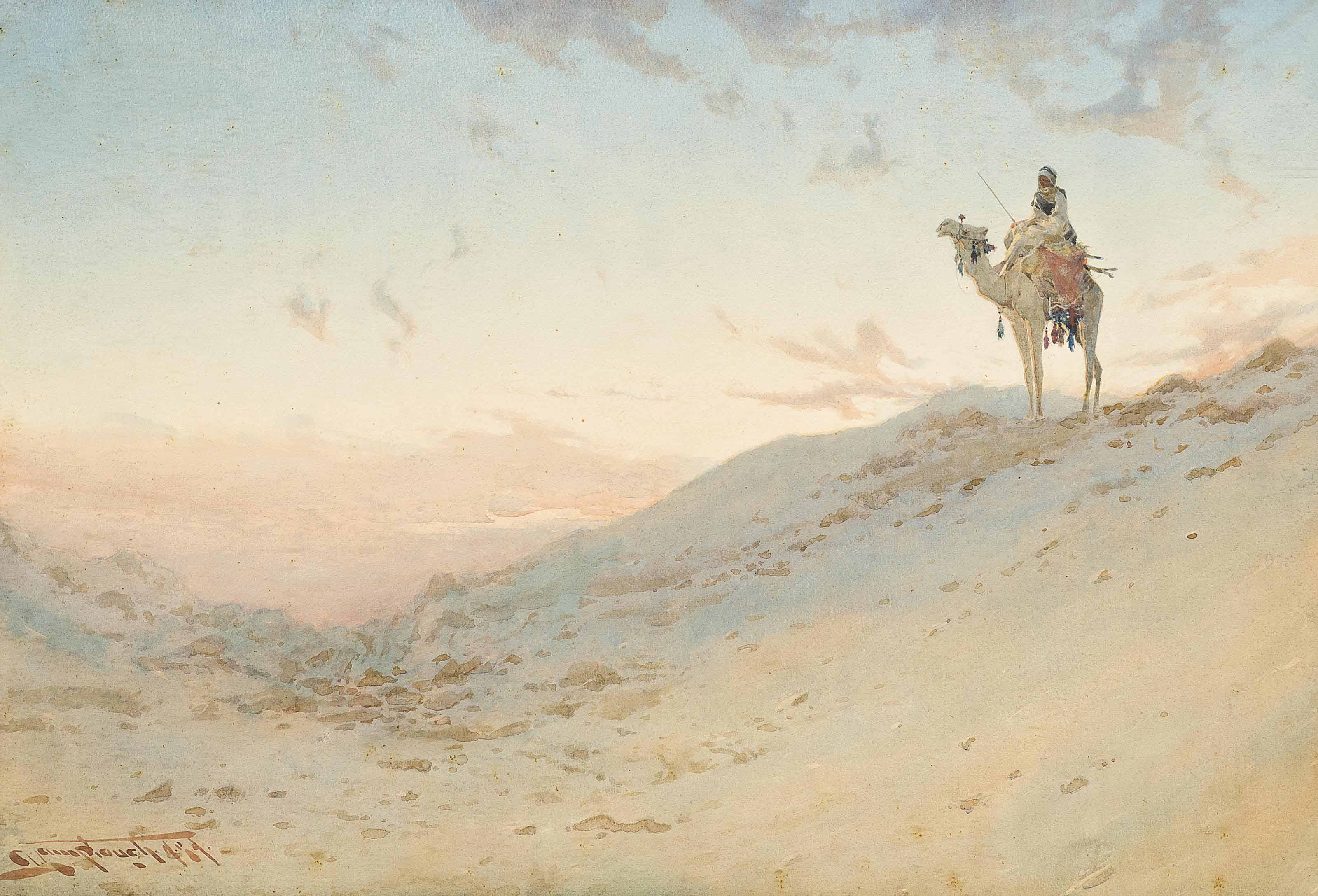 An Arab on a camel surveying the desert at dusk, zoomed in