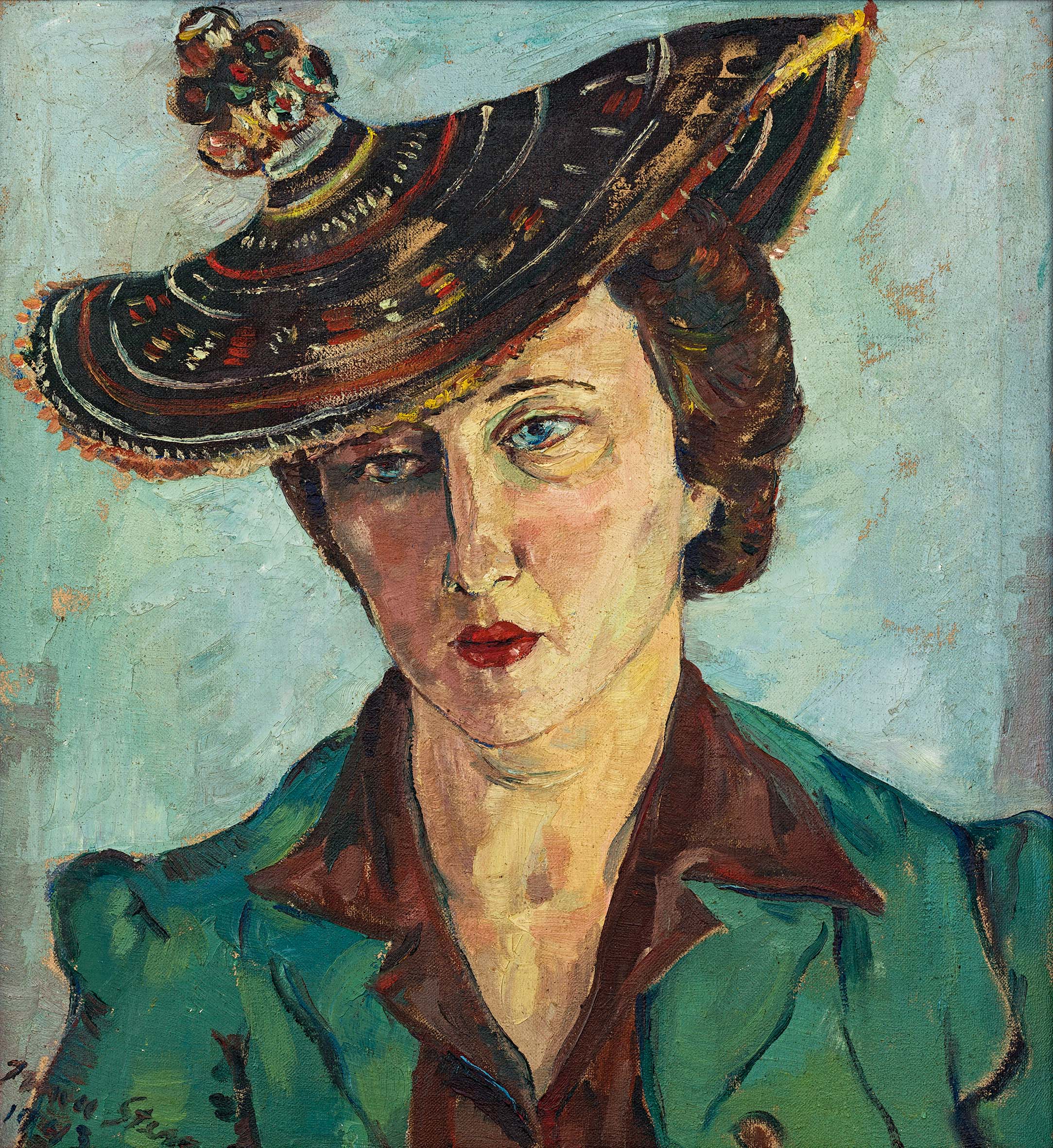 Portrait of Freda Feldman in Basuto Hat, zoomed in