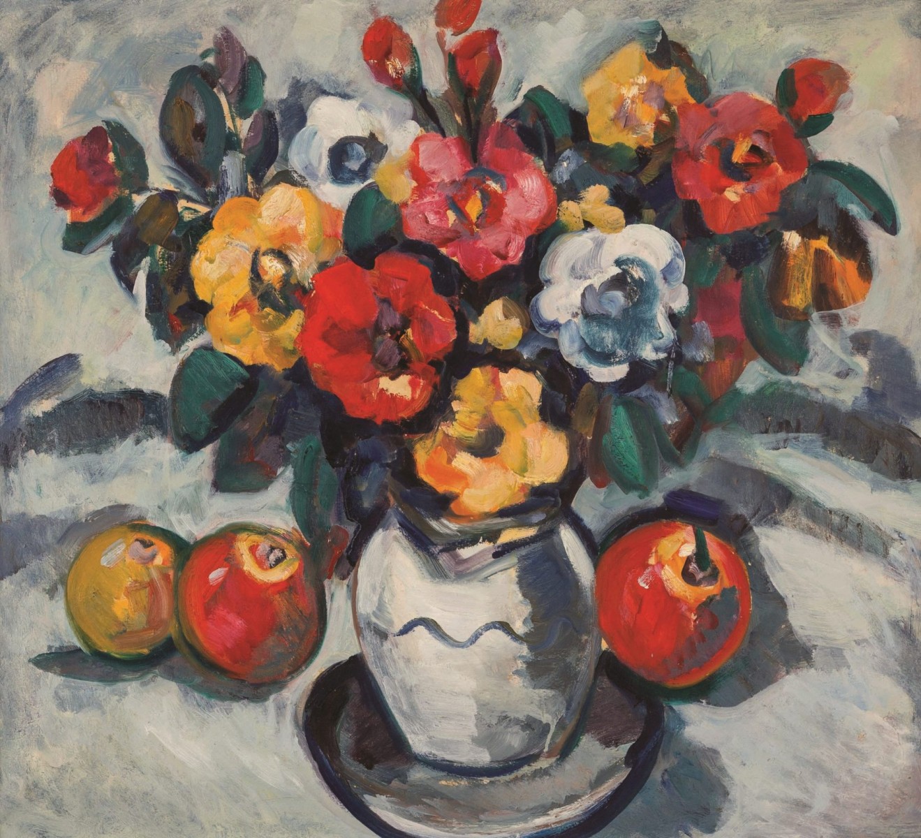 Still life with flowers and apples, zoomed in