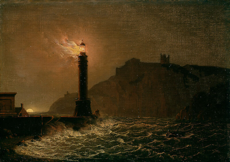 A lighthouse on fire at night scale comparison