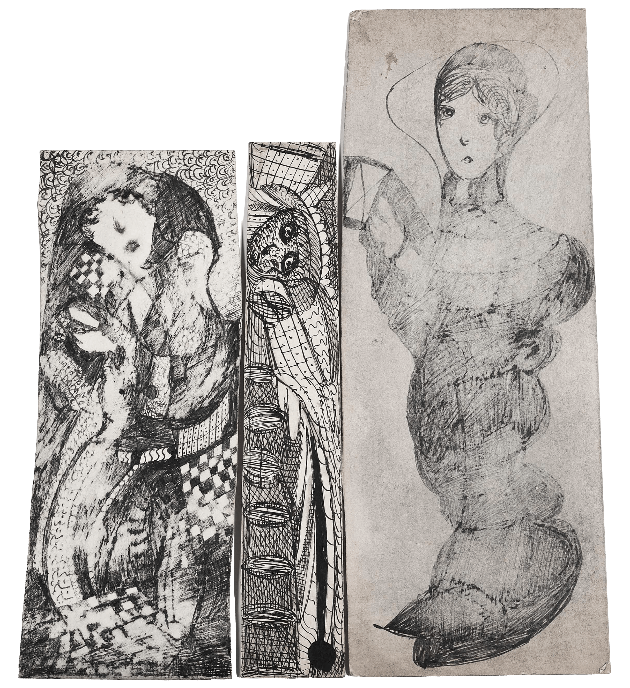 Three female figures, zoomed in