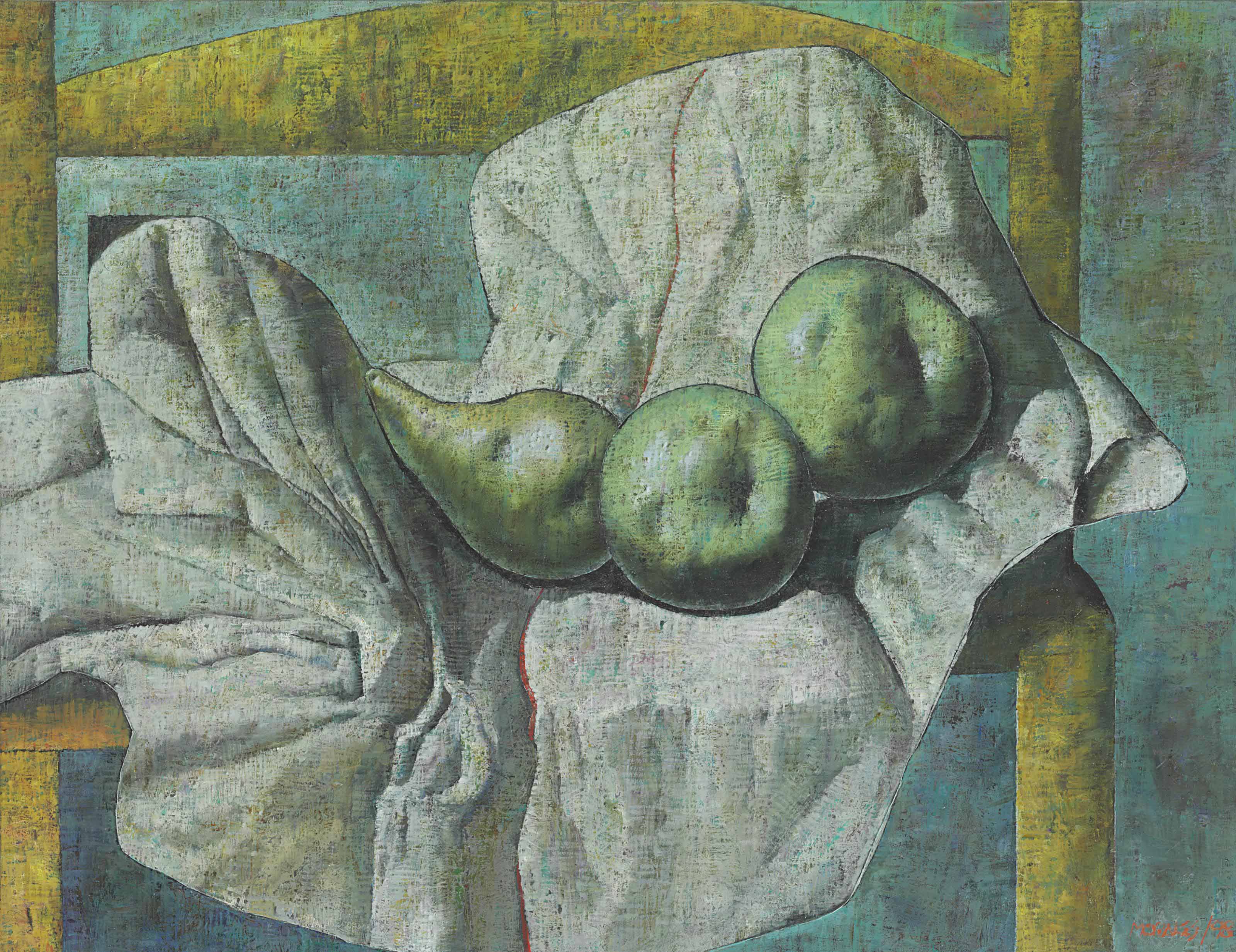 Still-life with Pear and Two Apples on a Yellow Chair, zoomed in