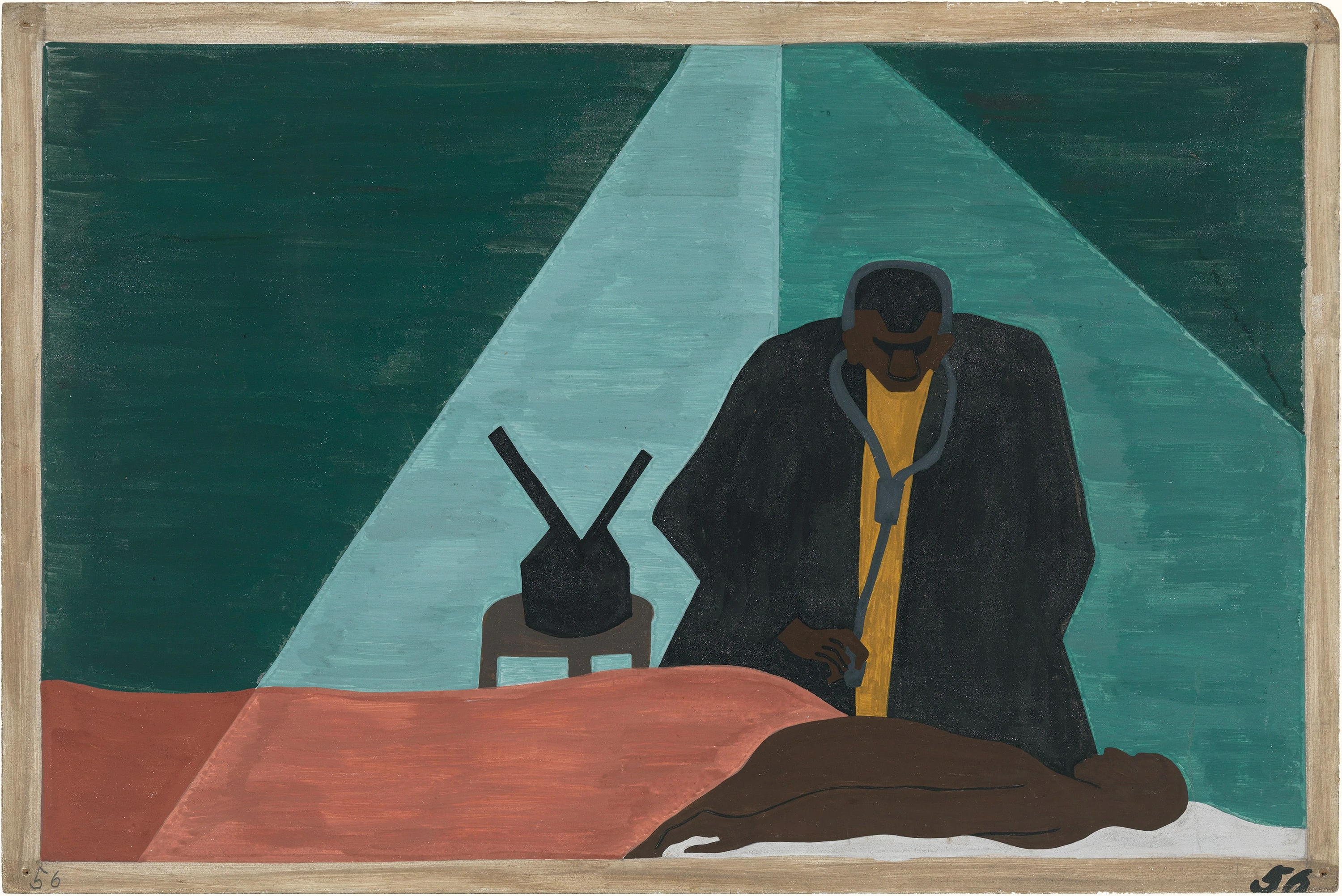 Migration Series No.56:  The African American professionals were forced to follow their clients in order to make a living, Jacob Lawrence