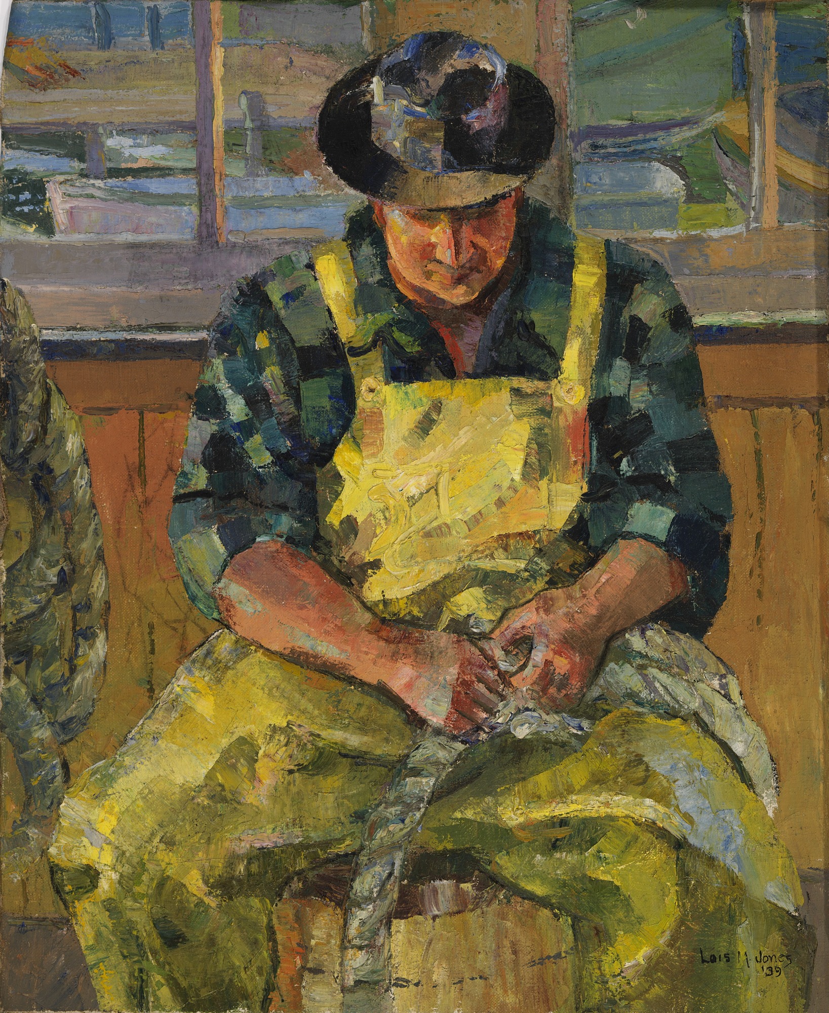Seated Man in Yellow Overalls, zoomed in