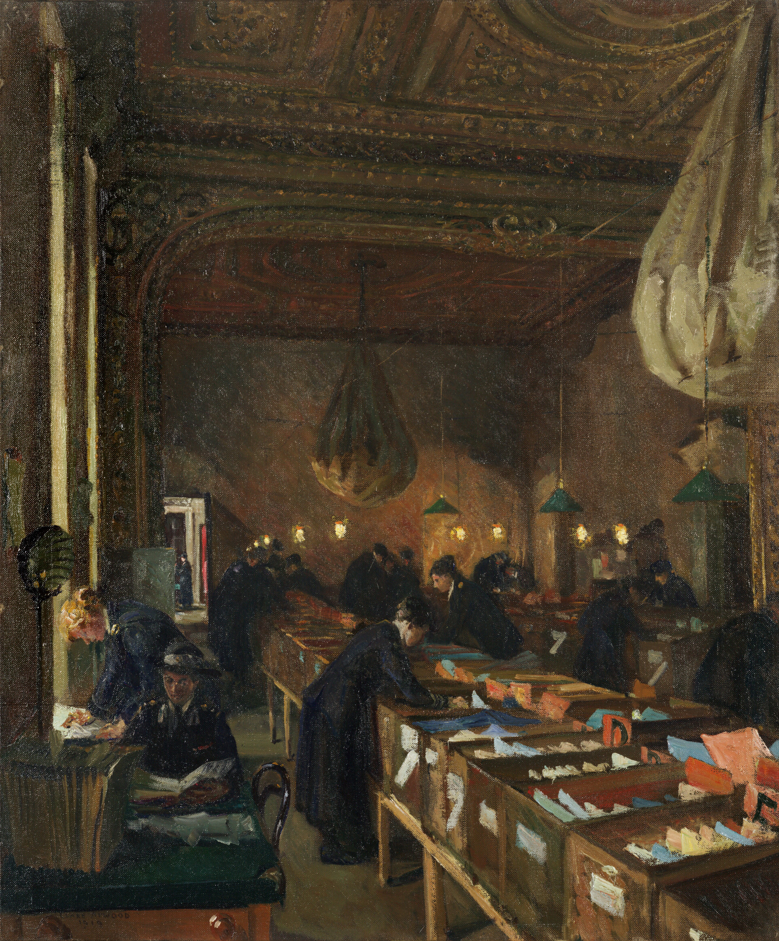 Devonshire House 1918: VAD workers filing papers in the ballroom, zoomed in