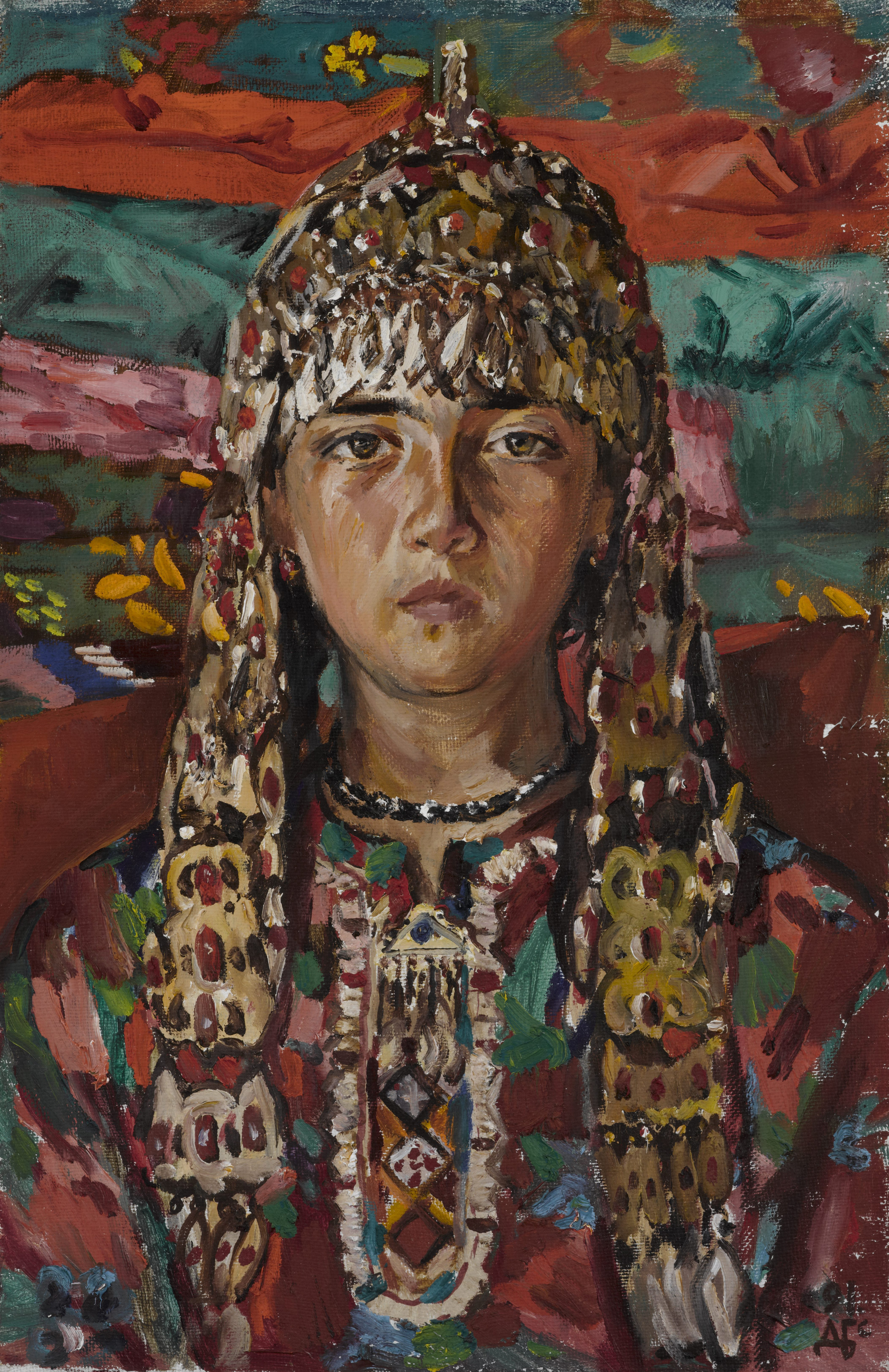 Portrait of Mergen with Turkmen ornaments, zoomed in
