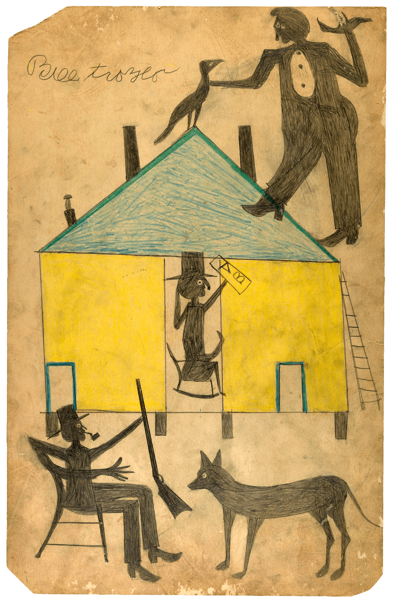 Untitled (Yellow and Blue House with Figures and Dog), zoomed in