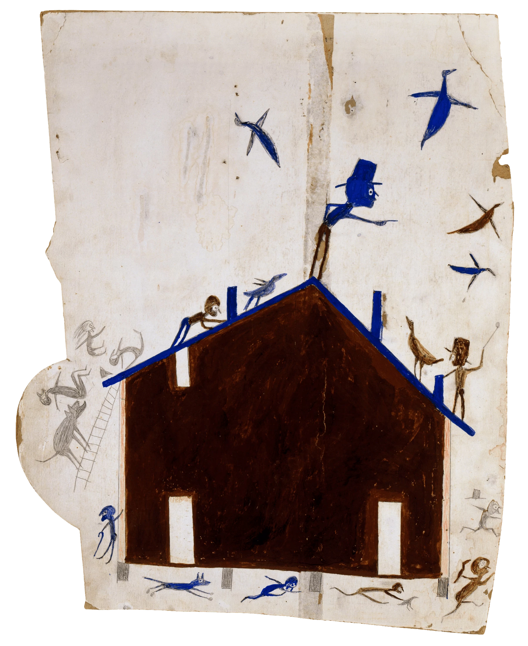 Brown House with Multiple Figures and Birds, Bill Traylor