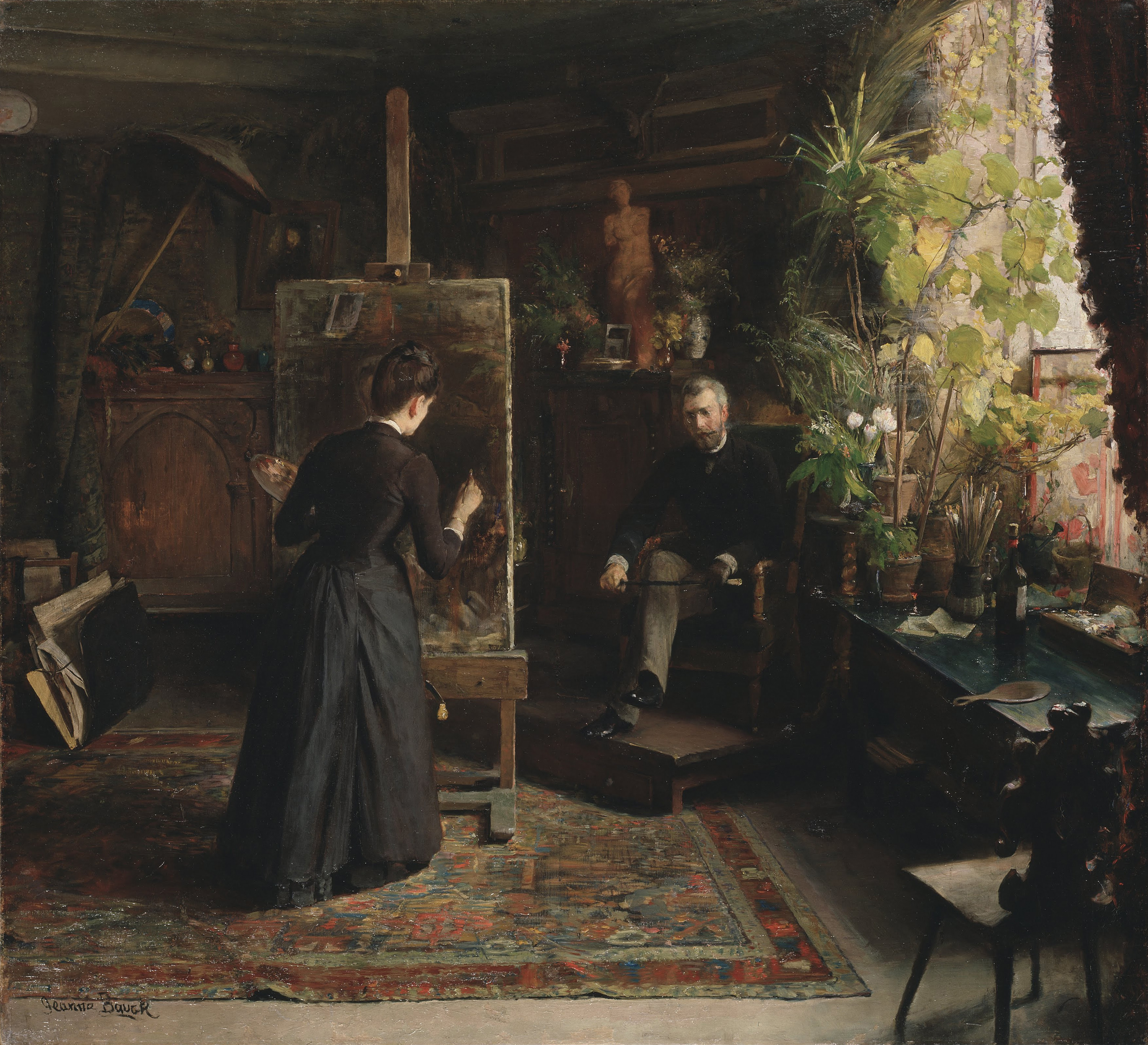 The Danish Artist Bertha Wegmann Painting a Portrait, zoomed in