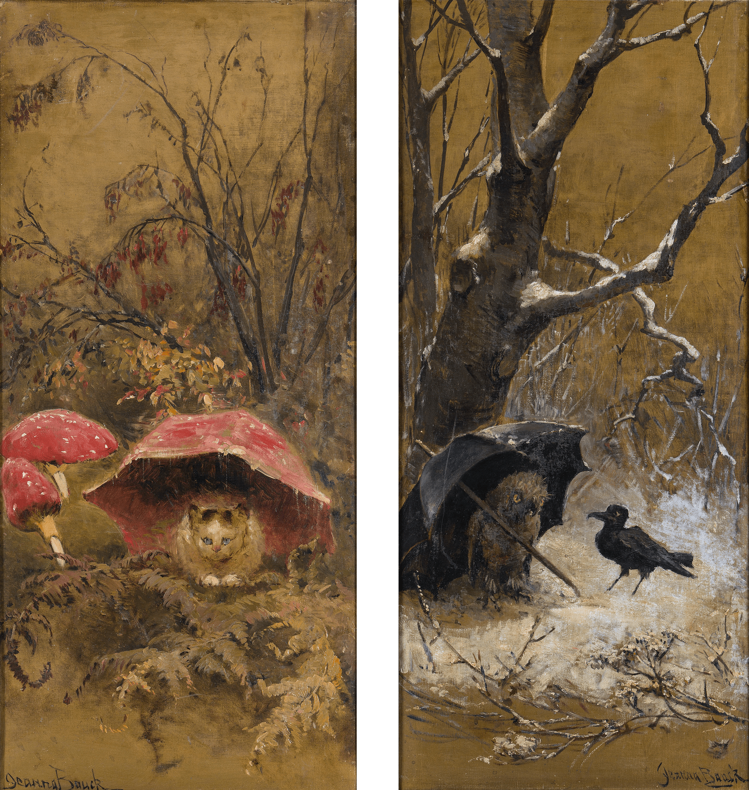 A Cat amongst Fly Agaric and An Owl with an Umbrella, zoomed in