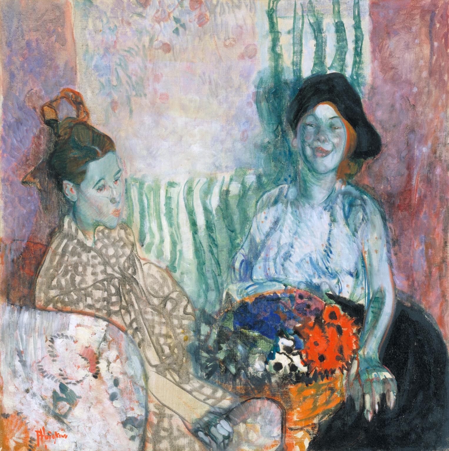 Loveday and Ann: Two Women with a Basket of Flowers, zoomed in