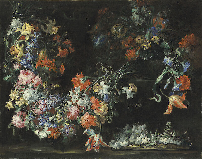 Swathes of flowers in urns on a ledge scale comparison