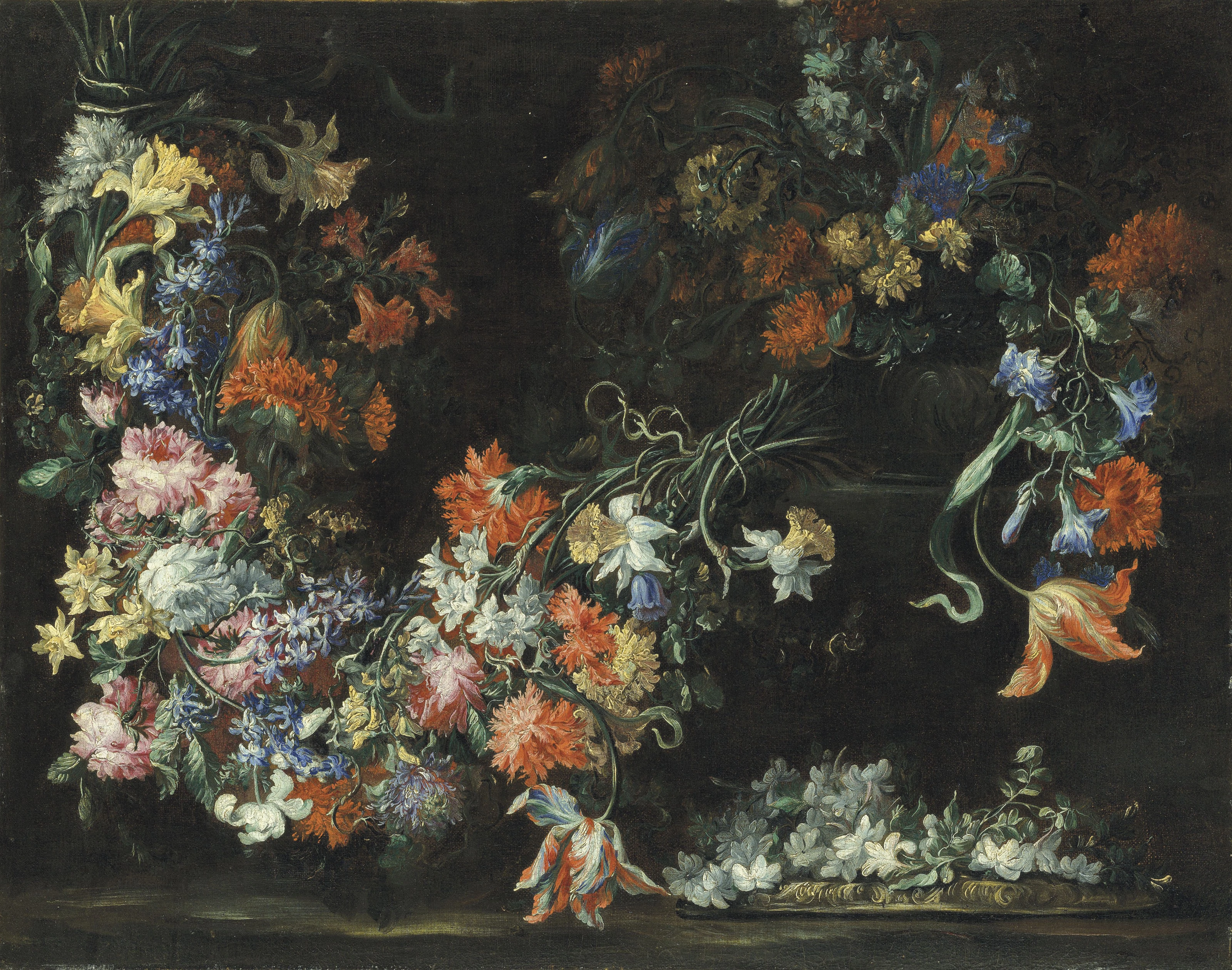 Swathes of flowers in urns on a ledge, Margherita Caffi