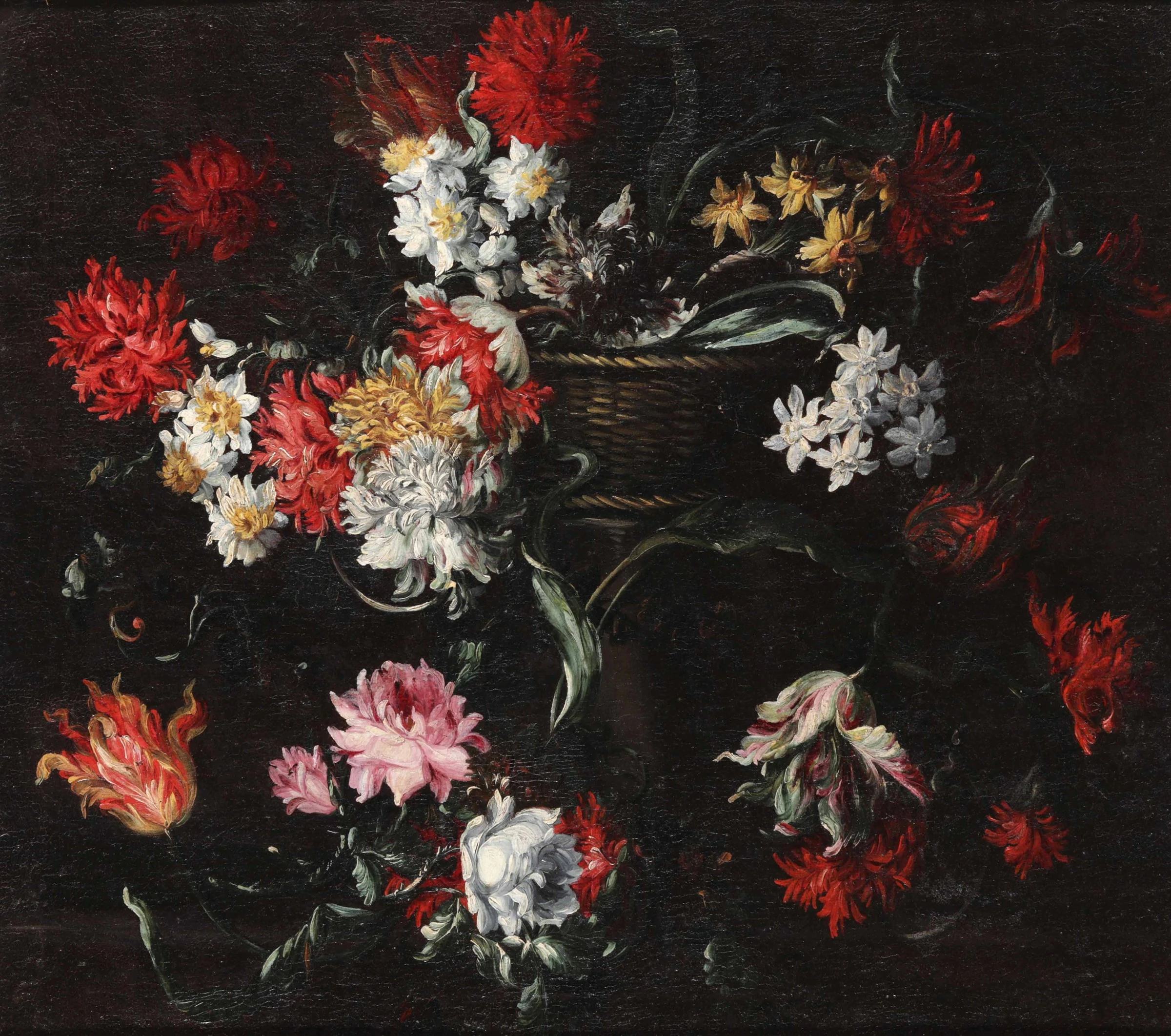 Basket of flowers on pedestal, Margherita Caffi