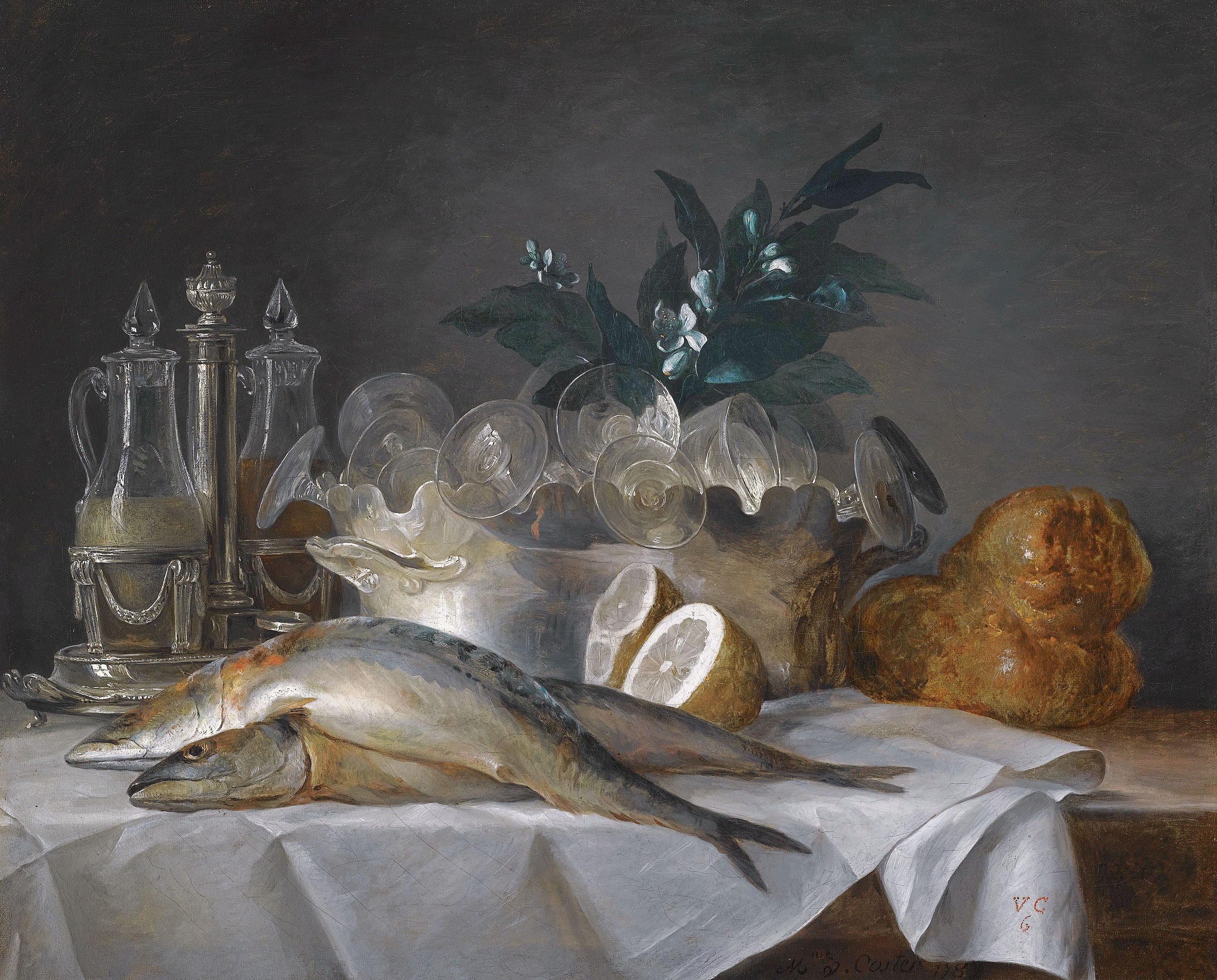 A still life of mackerel, glassware, a loaf of bread and lemons, zoomed in