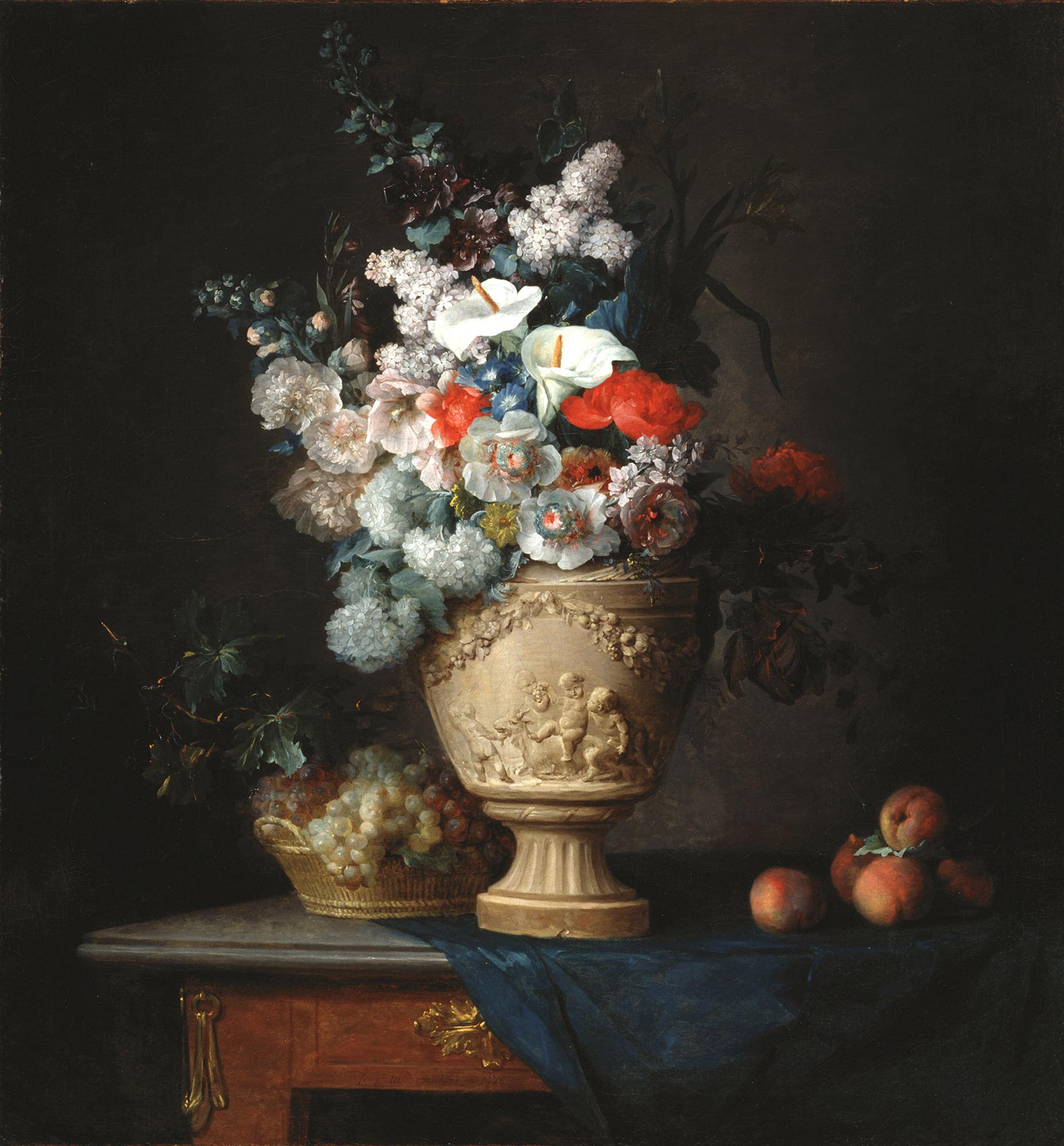 Bouquet of Flowers in a Terracotta Vase with Peaches and Grapes, zoomed in