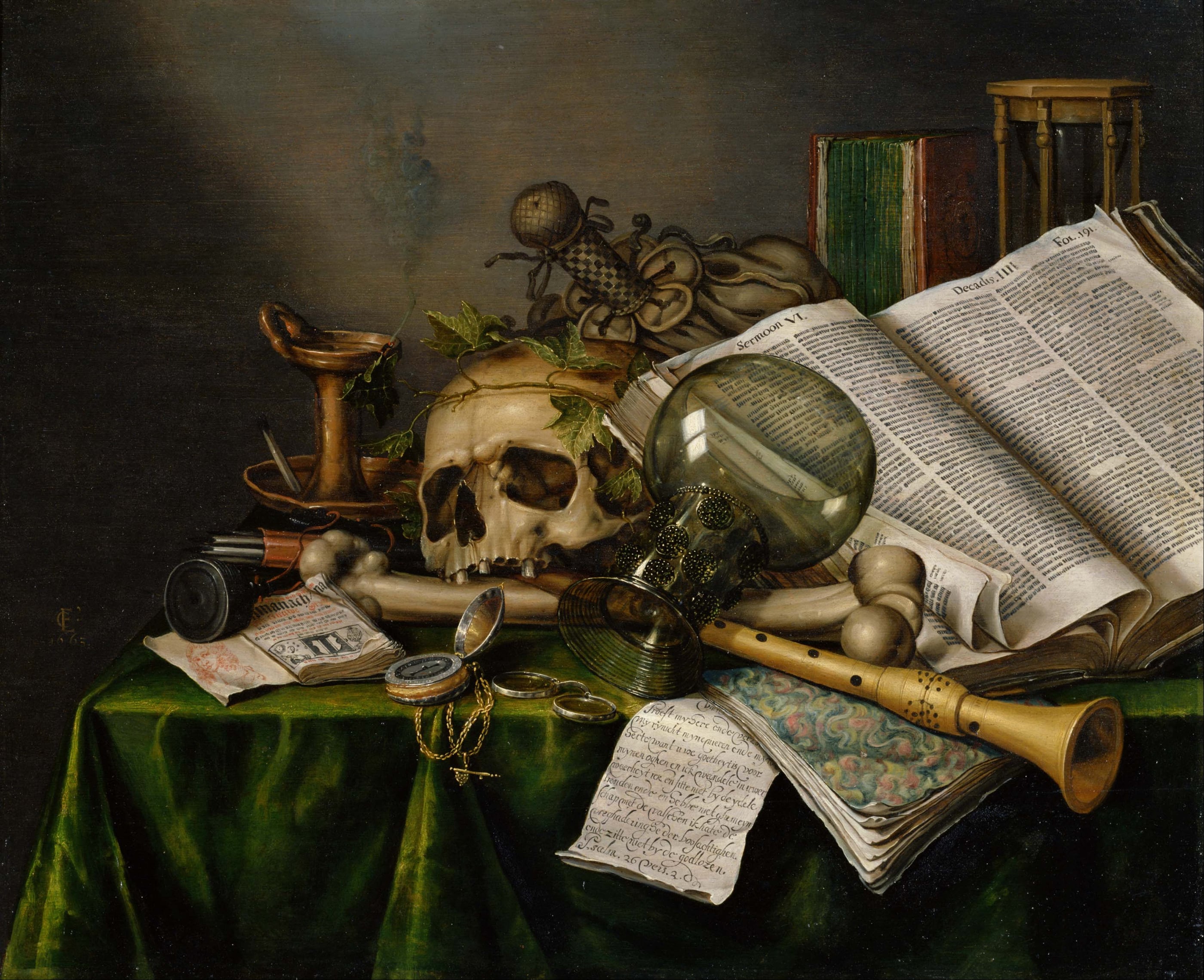 Still Life with Books and Manuscripts and a Skull, zoomed in