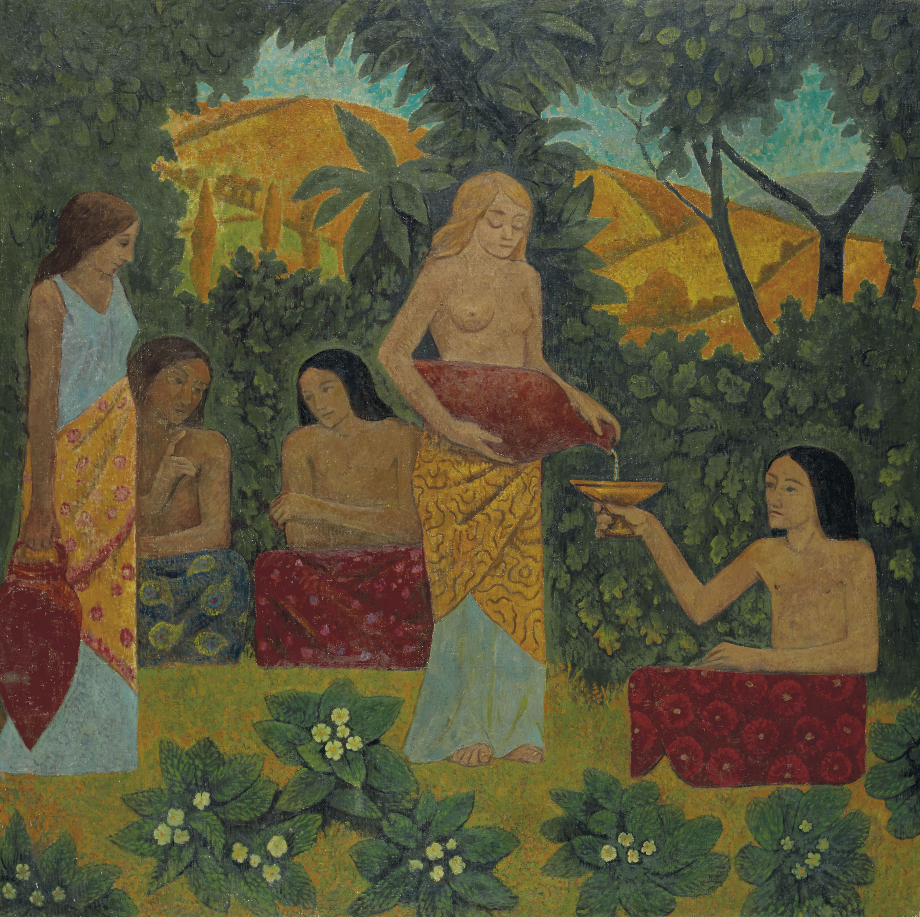 Libations, Five Figures in a Mythical Forest, zoomed in