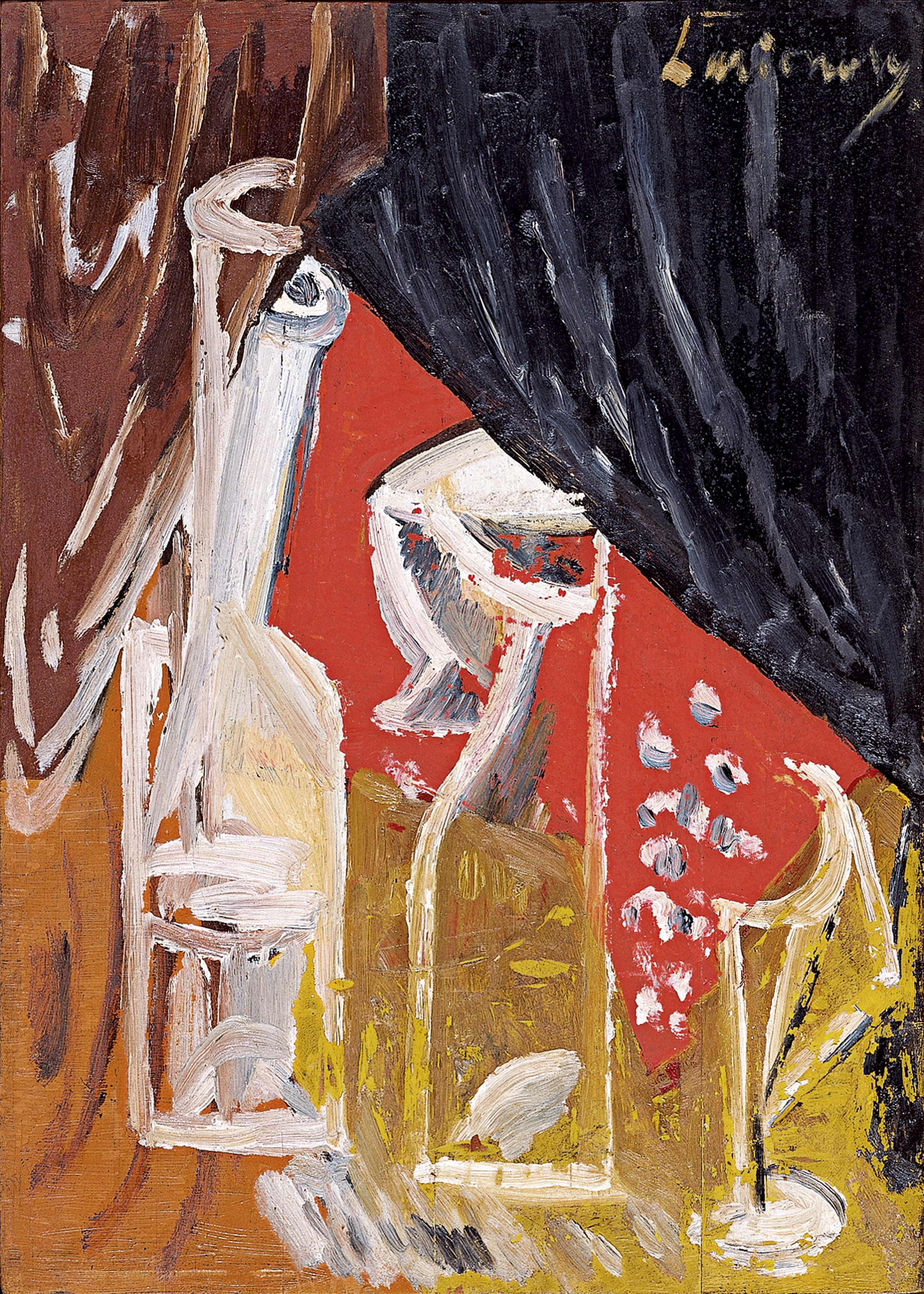 Still Life with Carafe and Curtains, Mikhail Larionov