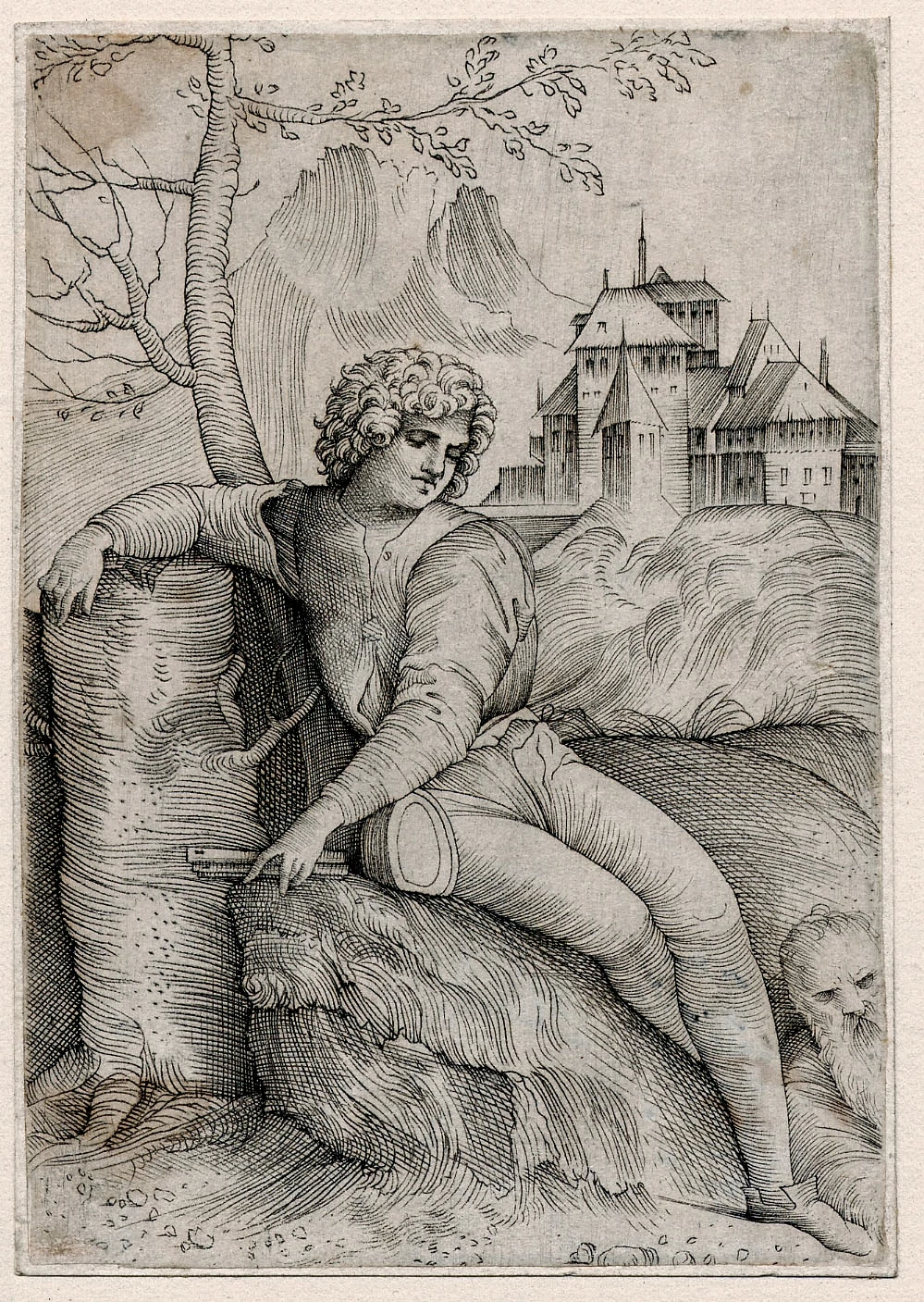 Shepherd by a tree (Cross Hatched), Giulio Campagnola