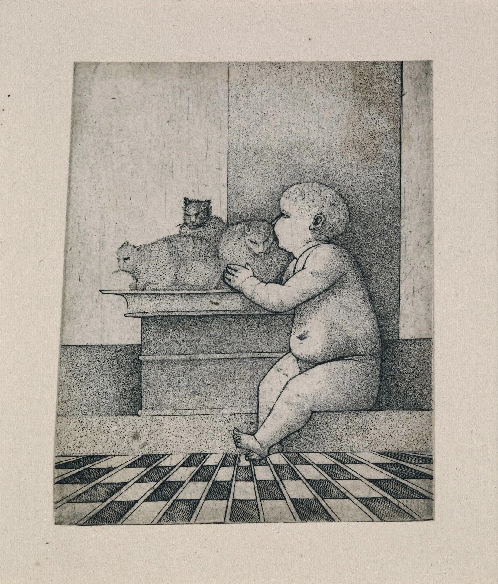 Child with three cats, Giulio Campagnola