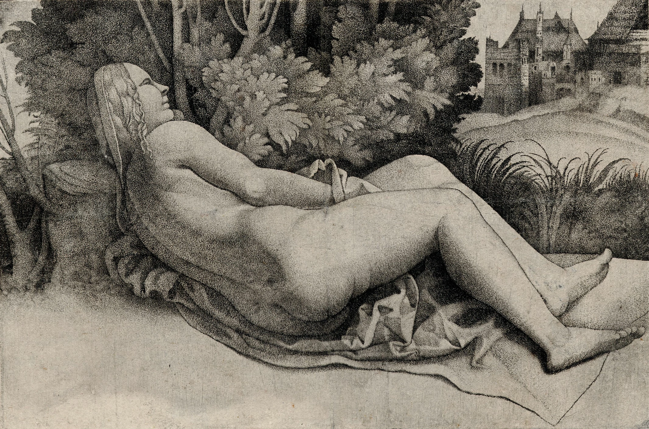 Venus Reclining in a Landscape (Stippled), Giulio Campagnola