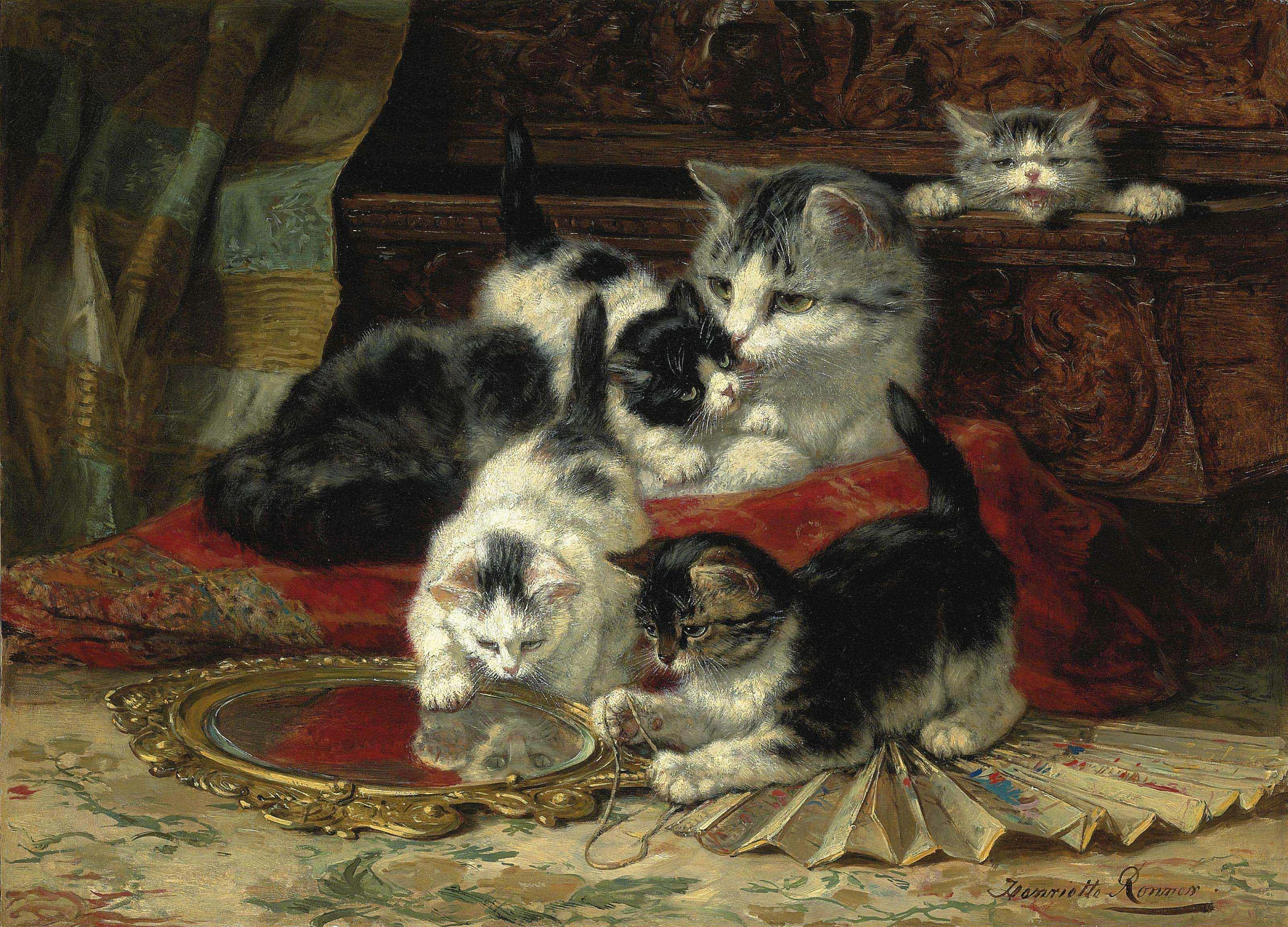 Mother and kittens playing with a hand mirror, Henriëtte Ronner-Knip