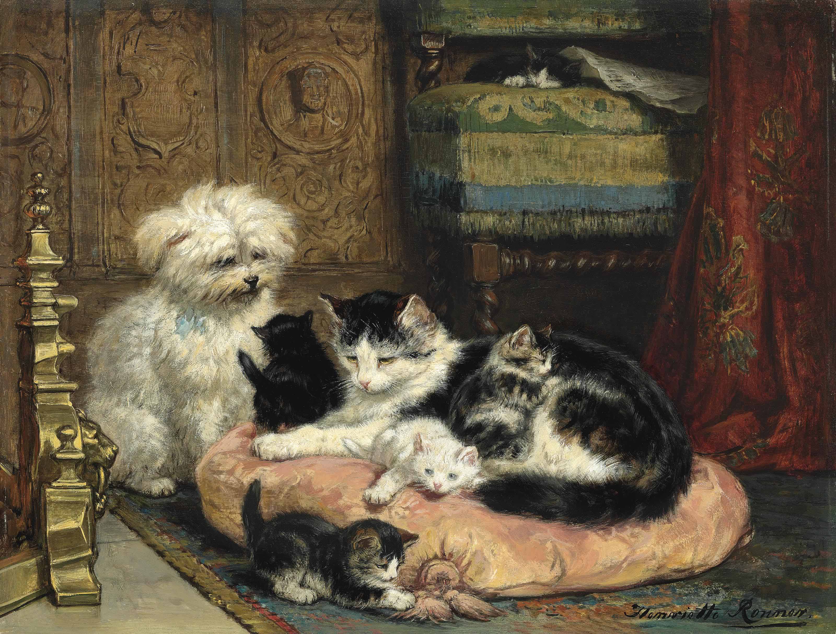 A mother with her kittens watched over by a terrier, zoomed in