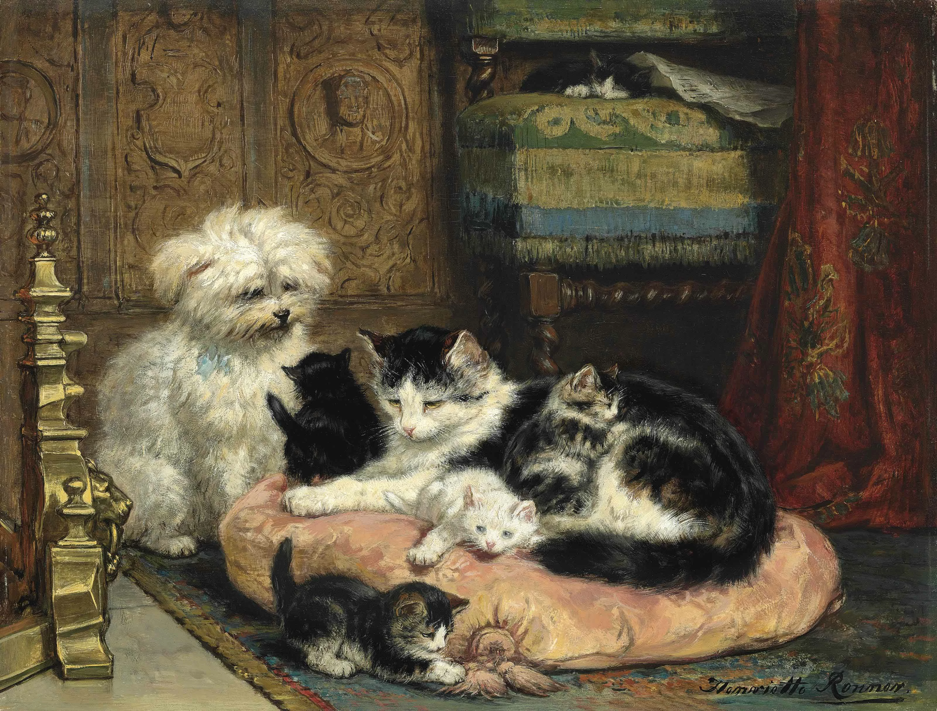 A mother with her kittens watched over by a terrier, Henriëtte Ronner-Knip