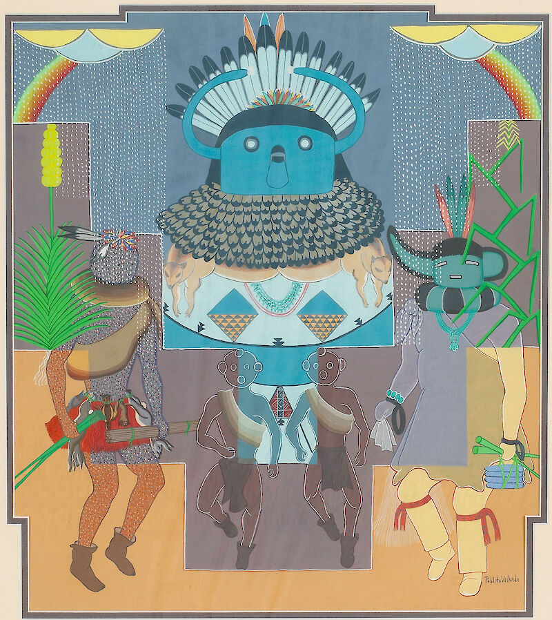 Symbolic scene with five kachina figures scale comparison