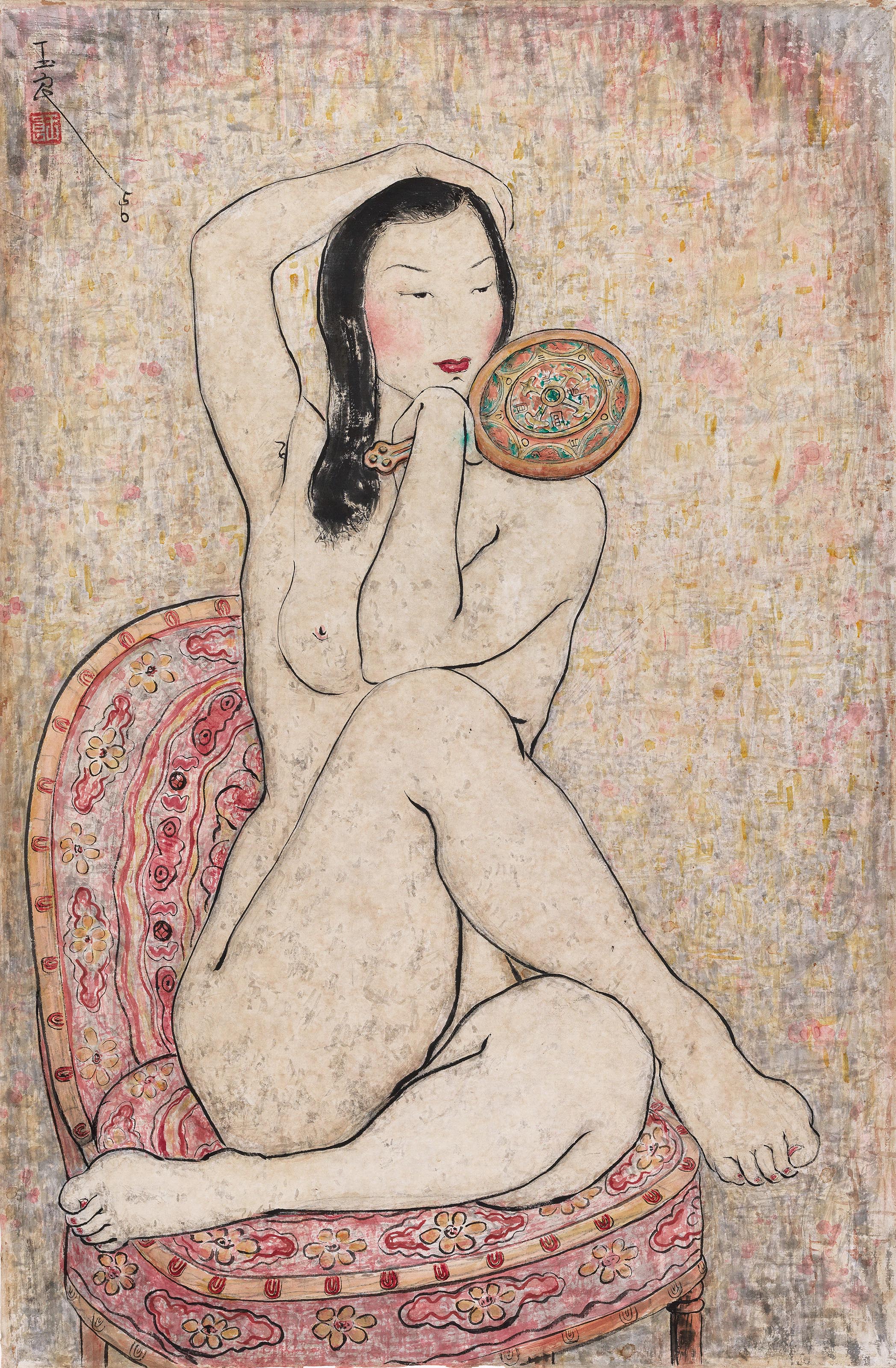 Seated Nude Holding a Mirror, zoomed in