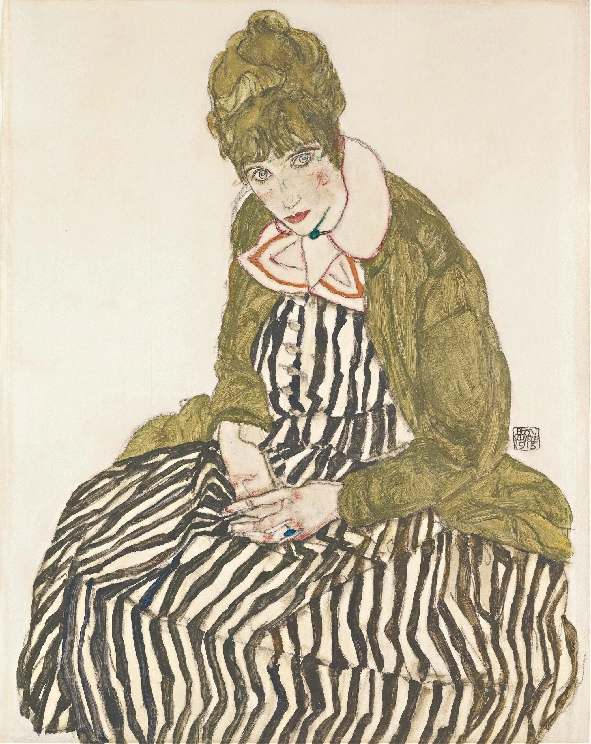 Portrait of Edith Schiele with Striped Dress, Sitting, Egon Schiele
